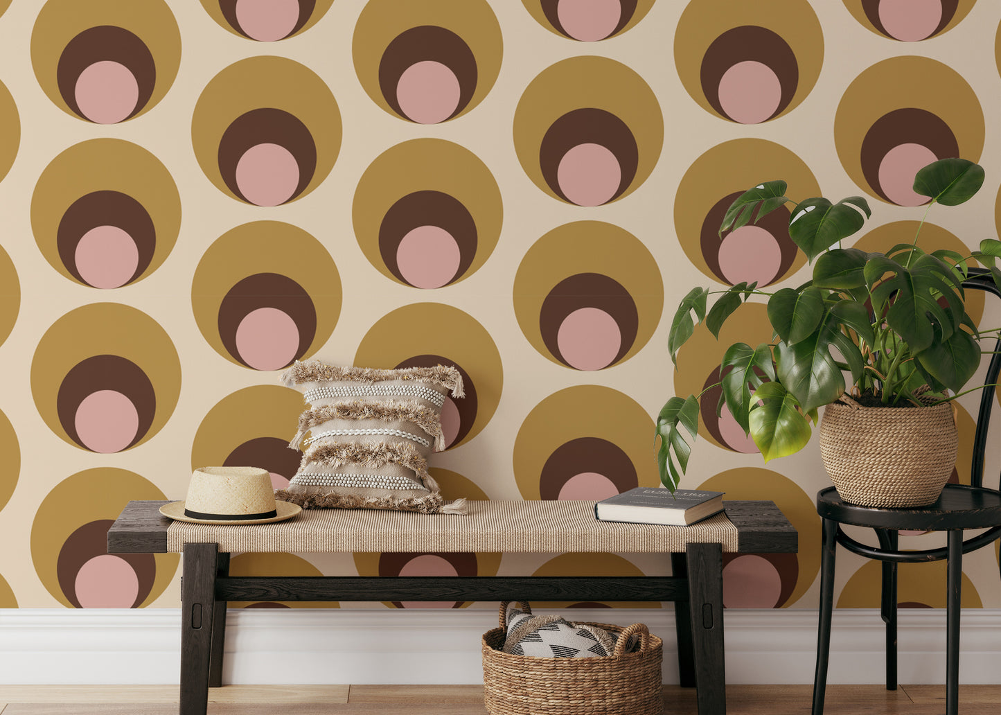 Beige wallpaper with retro dots design
