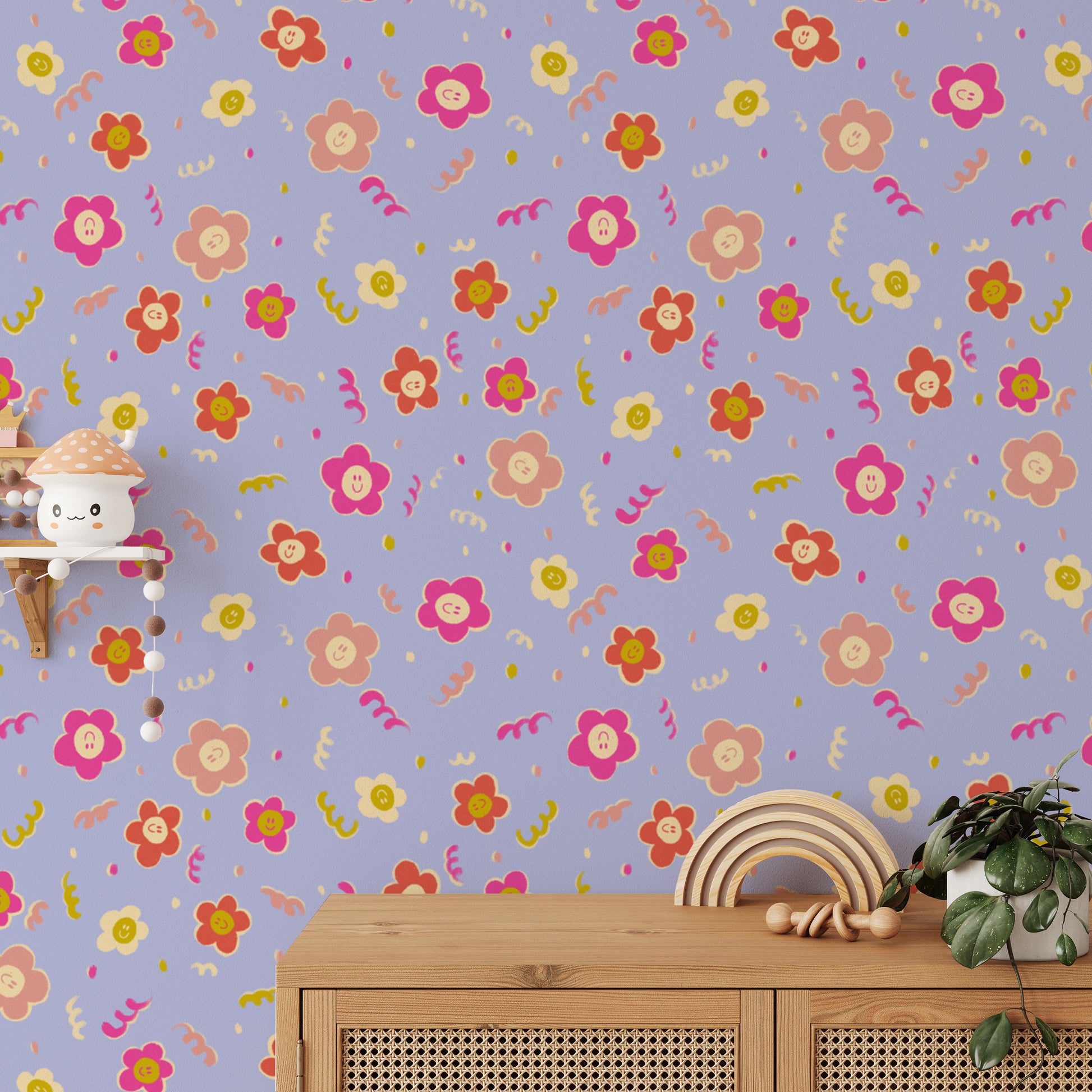 Artistic smiley blooms wallpaper for creative and happy spaces.
