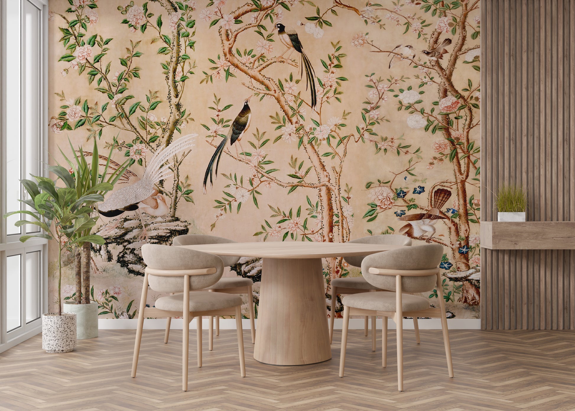 Birds and trees chinoiserie style wall mural
