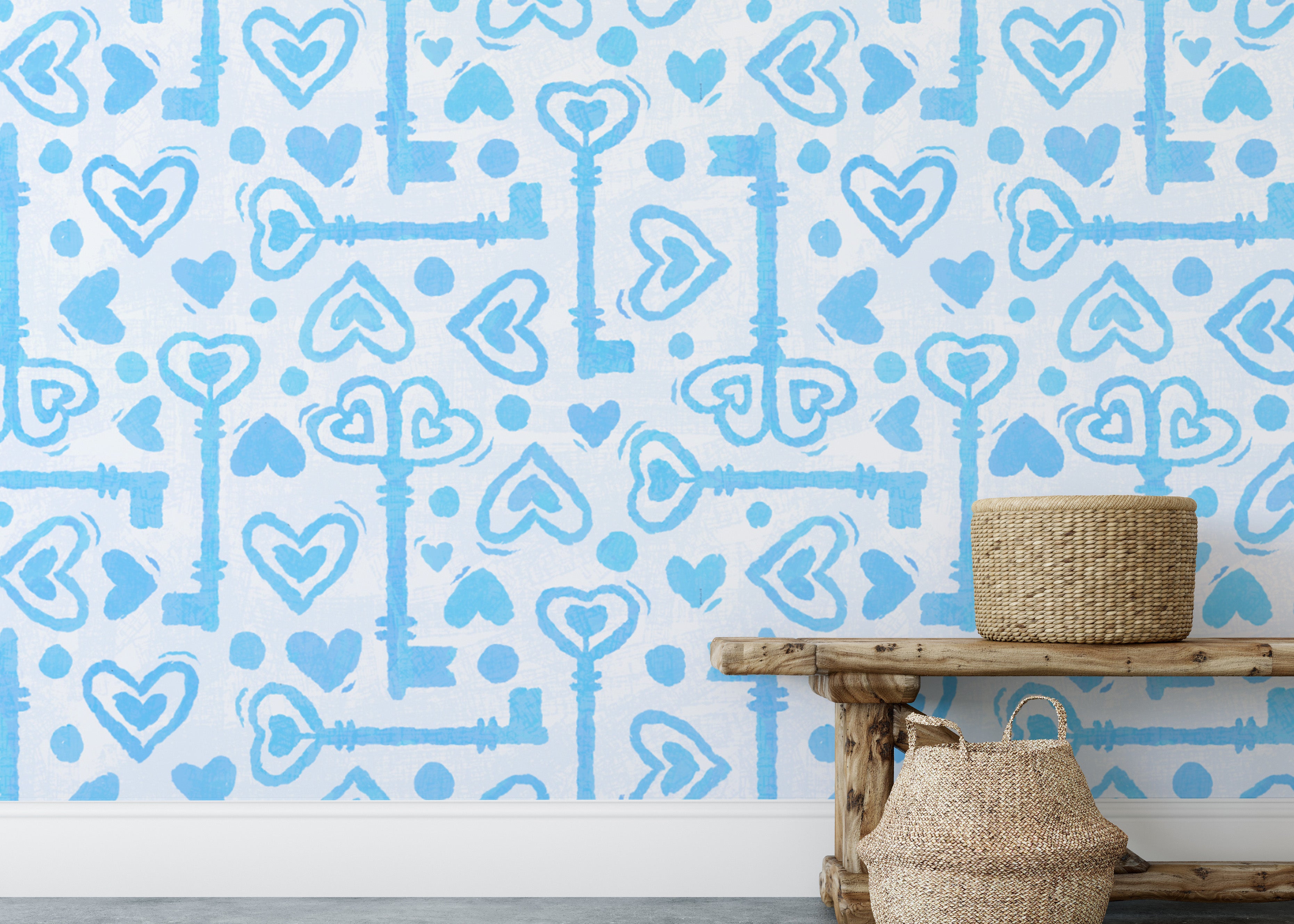 Romantic blue keys and hearts wallpaper design
