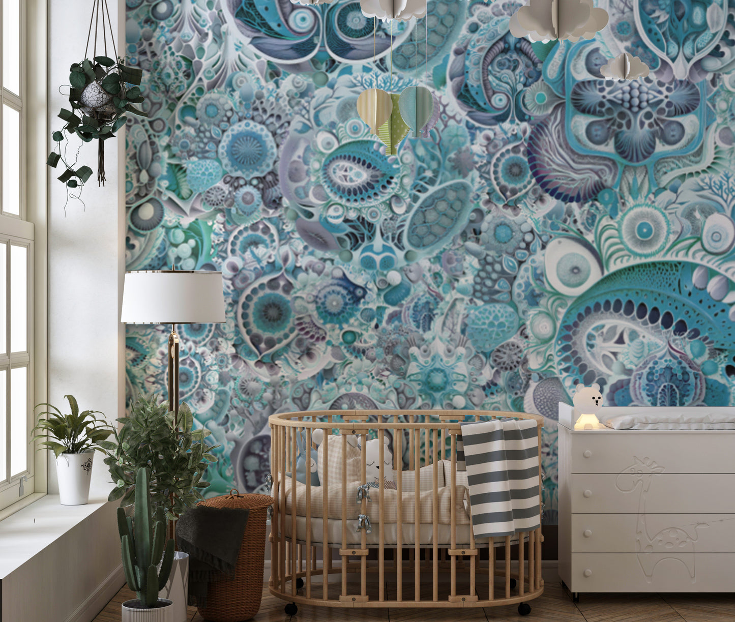 Elegant blue abstract Haeckel wallpaper for a sophisticated look.