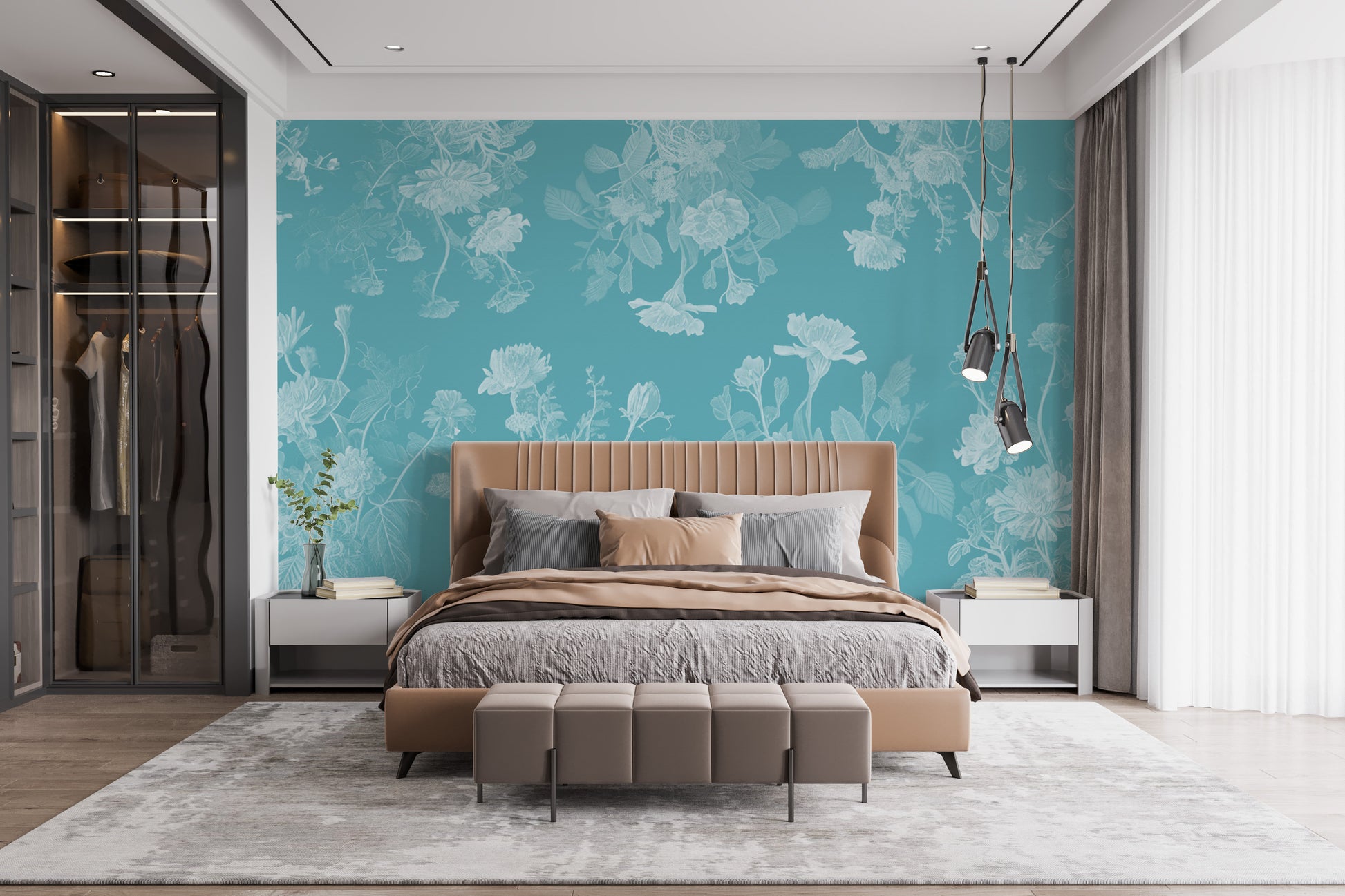 Refresh your bedroom with a stunning blue flowers wallpaper mural.