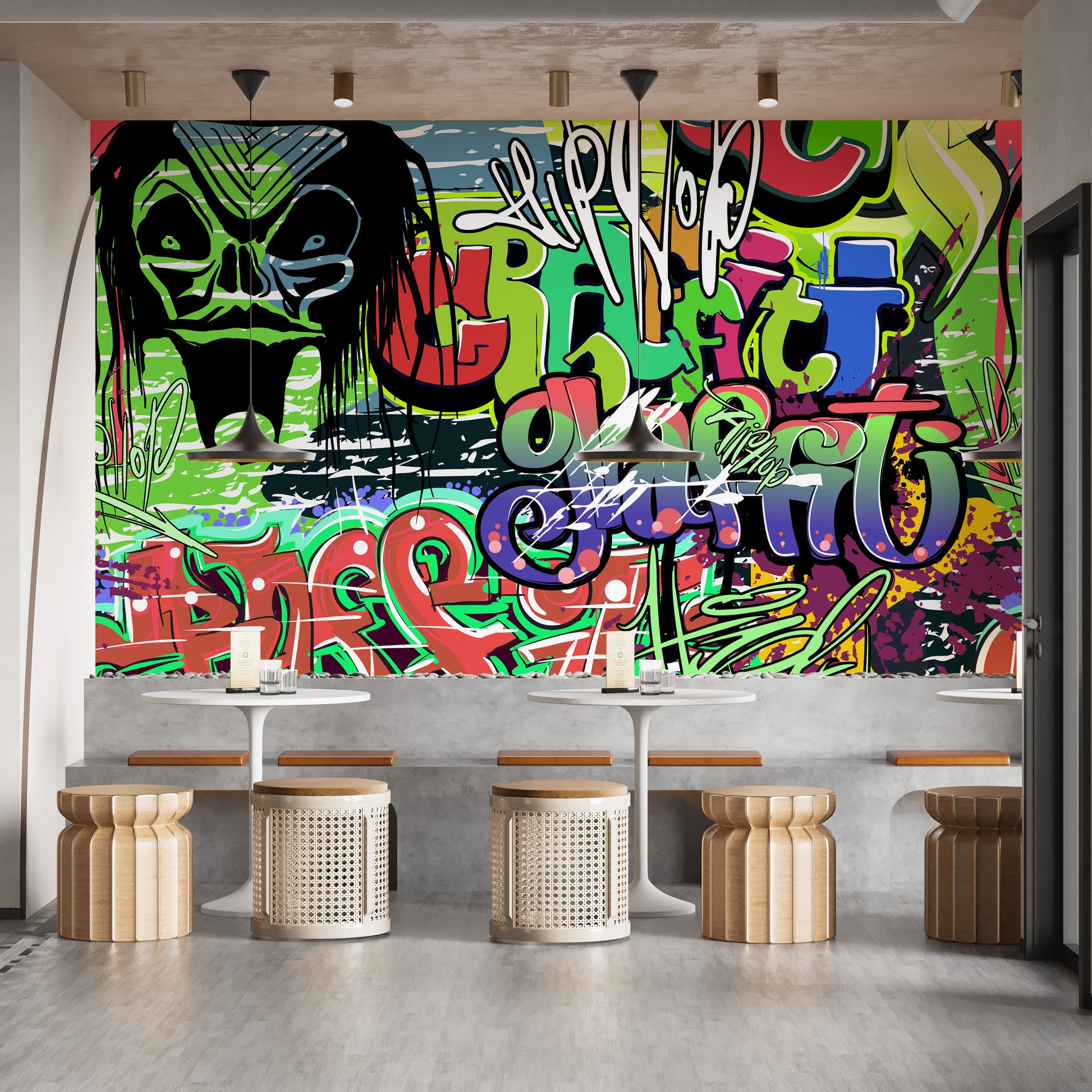 Trendy graffiti-inspired wall mural wallpaper for bold decor.