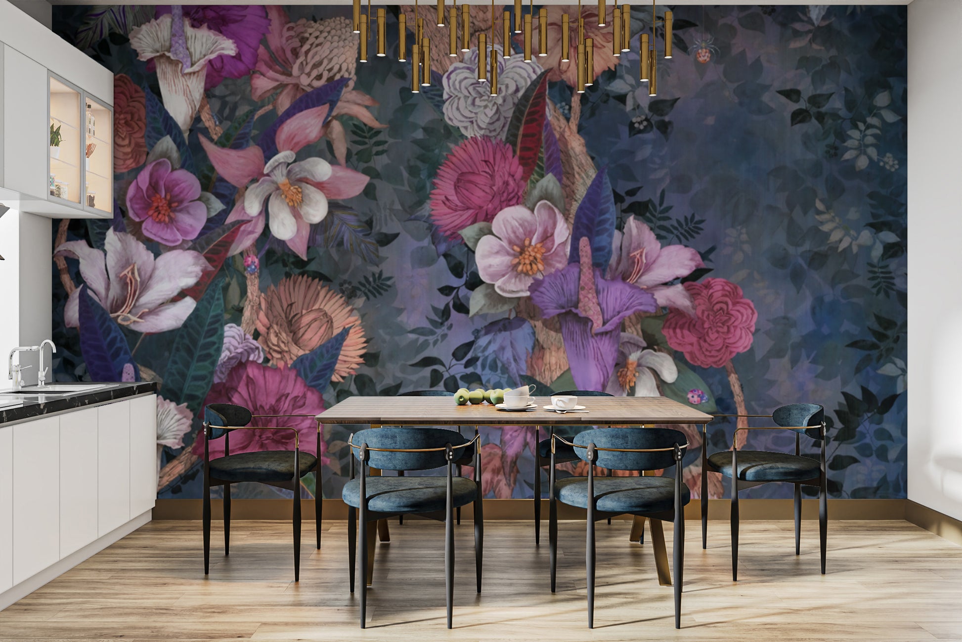 Nature-inspired floral mural with colorful blooms