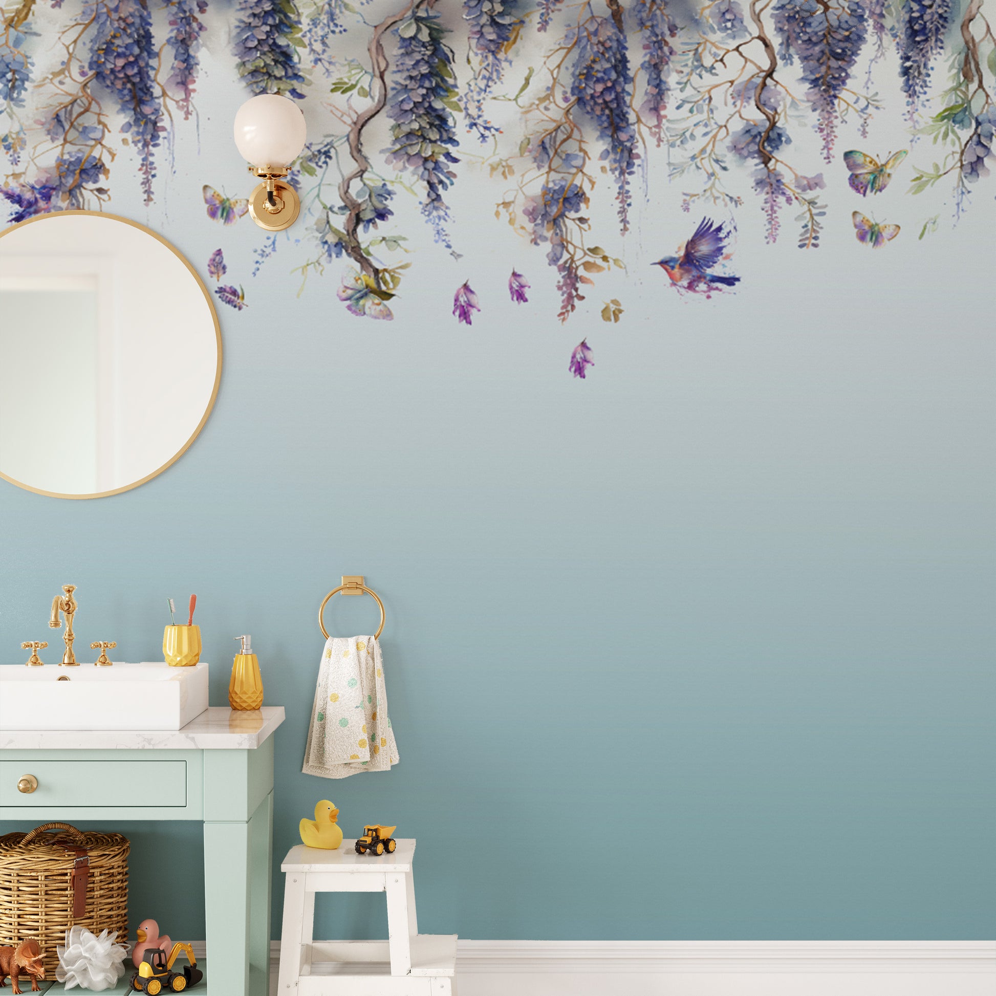 Wisteria romance blue mural wallpaper for a dreamy, tranquil atmosphere.
