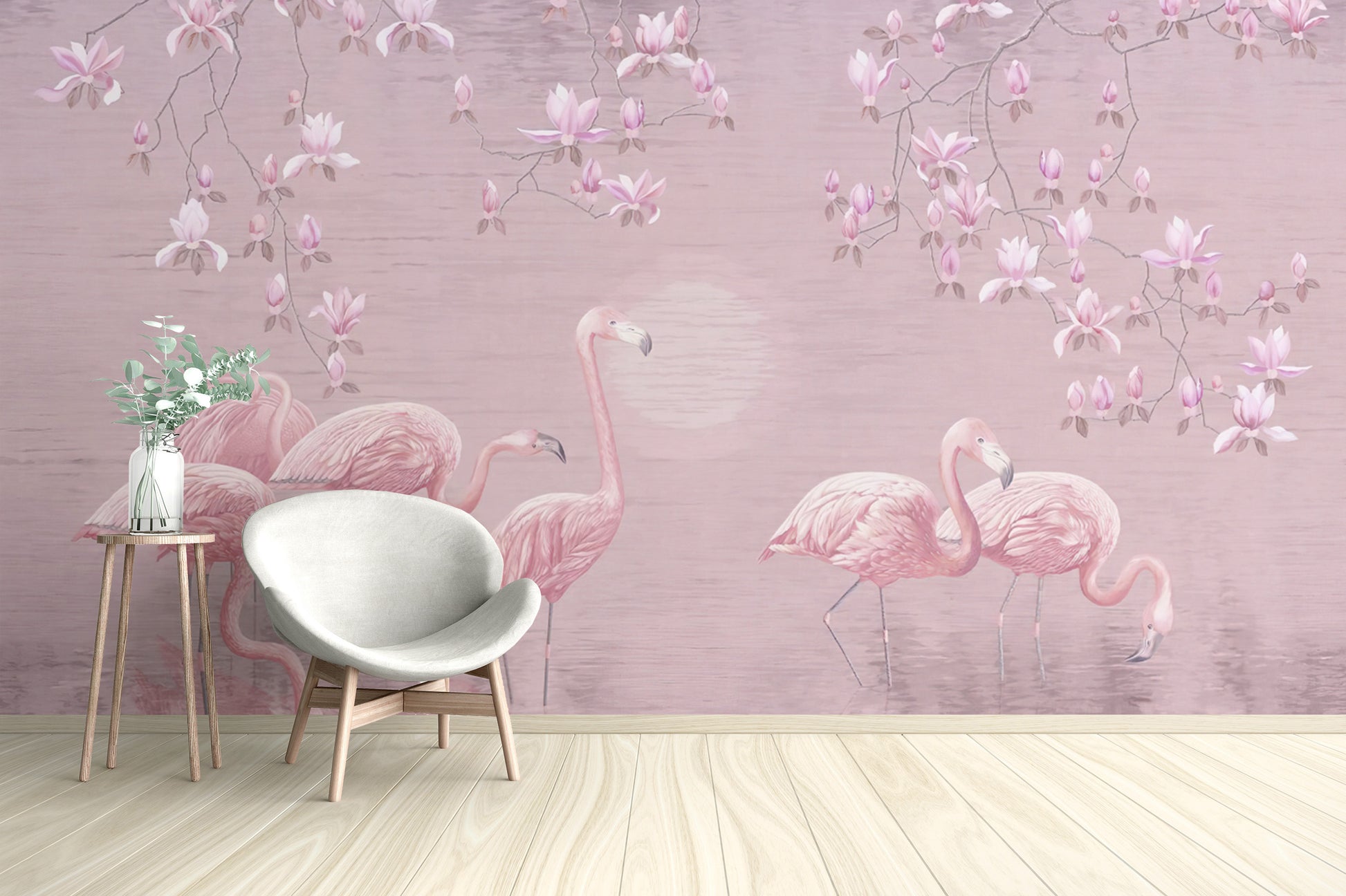 Artistic flamingo and magnolia wallpaper for interiors