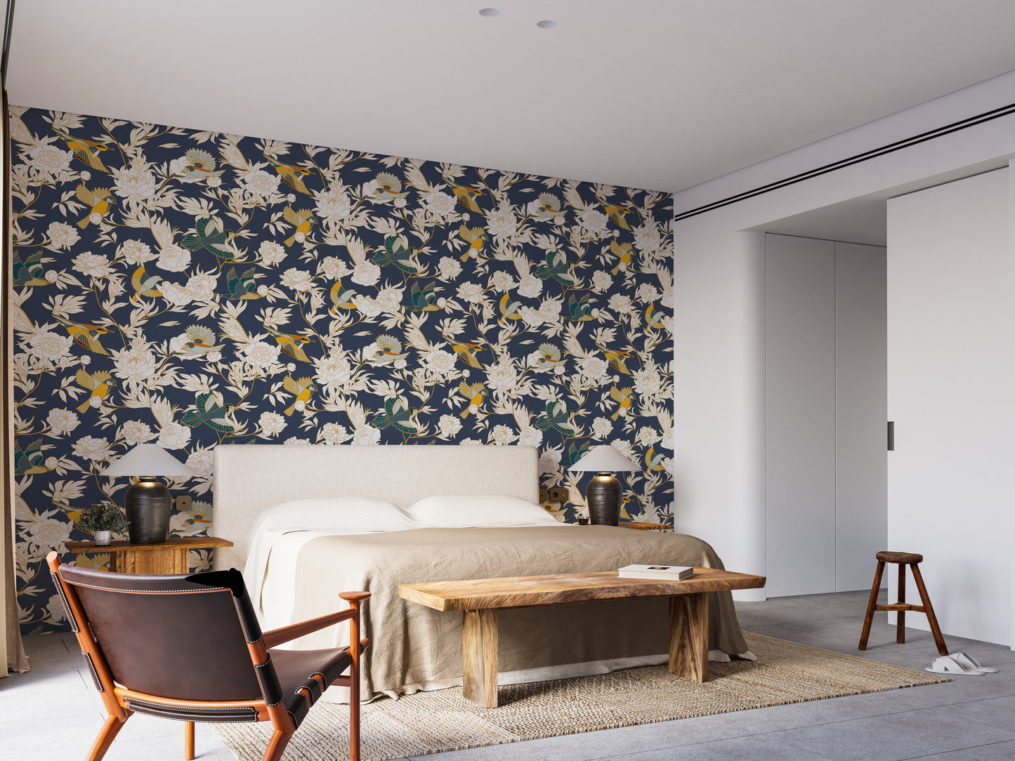 Stylish floral wallpaper with bird accents