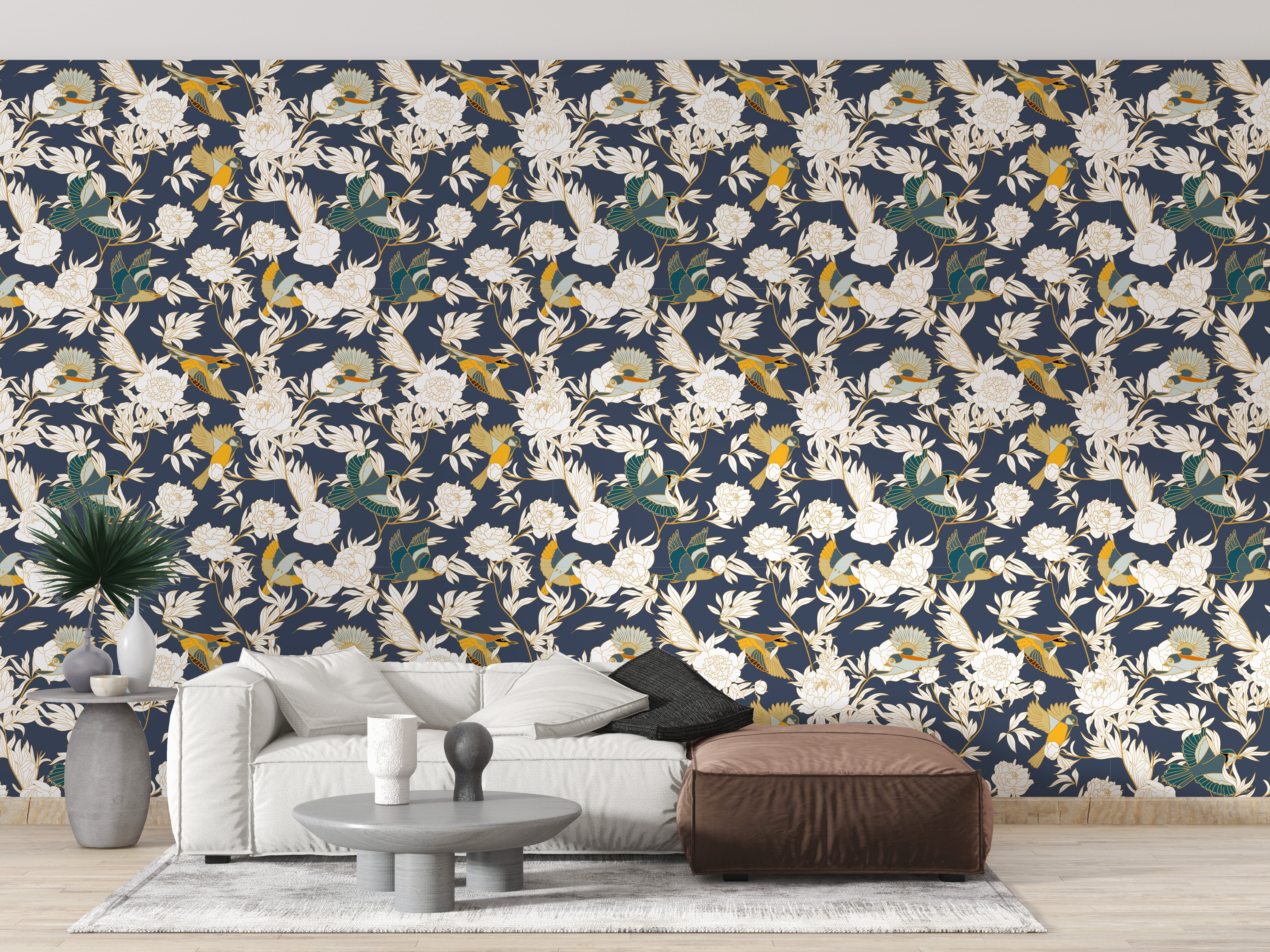 Graceful birds and peonies floral wallpaper