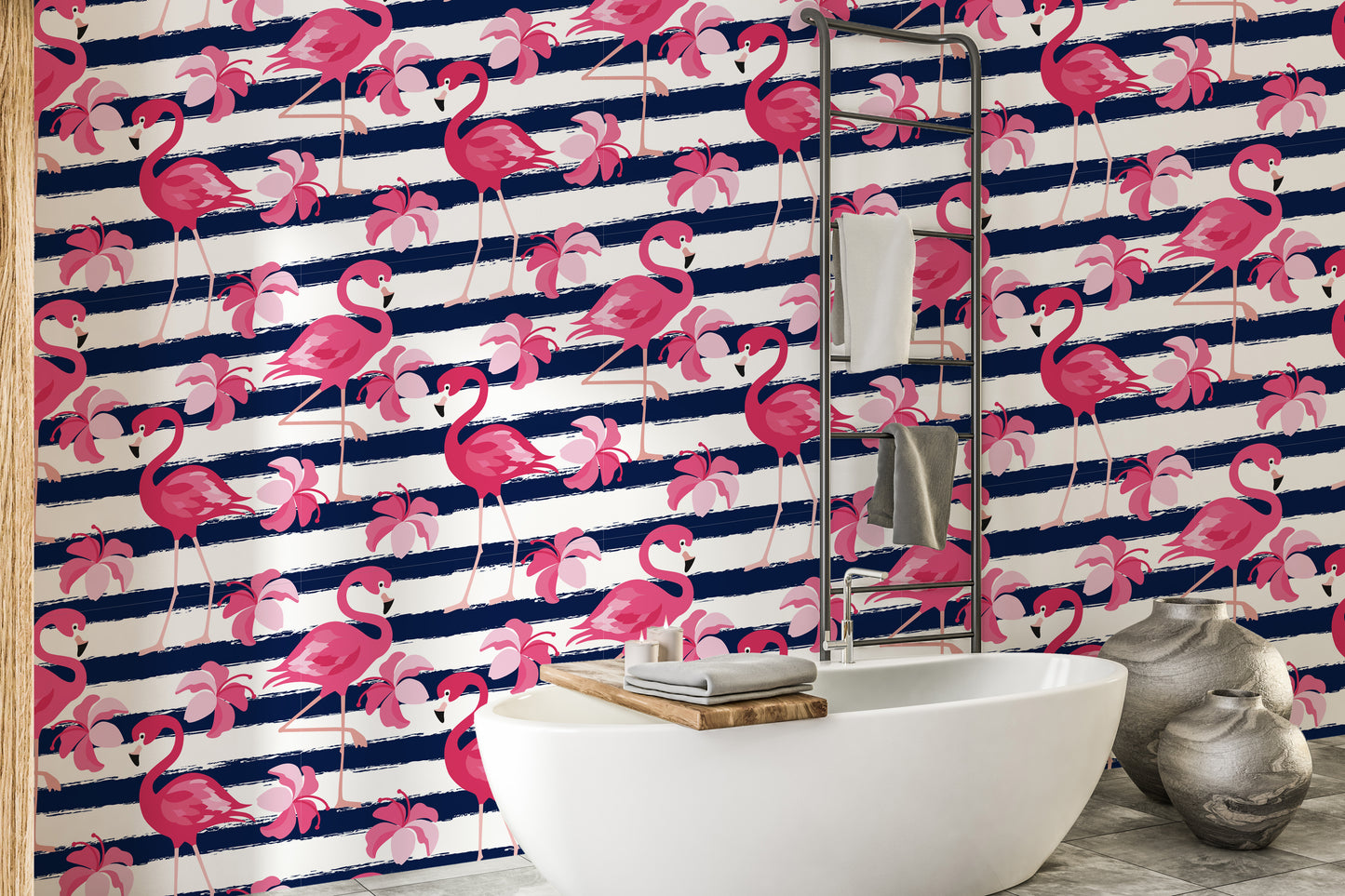 Blue Stripes & Pink Flamingo Wallpaper