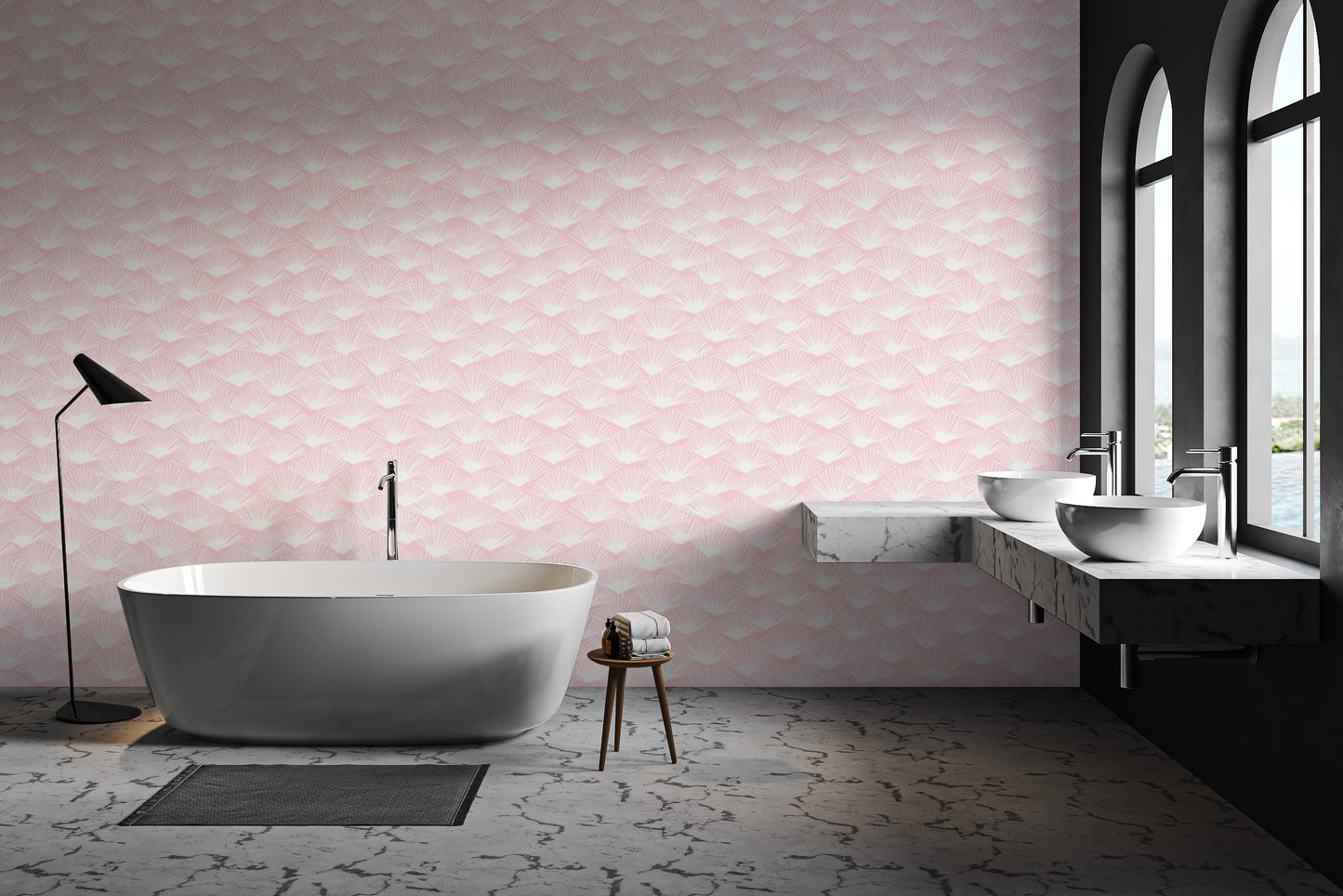 Tropical Blush Fanfare wallpaper with soft pink palm patterns.
