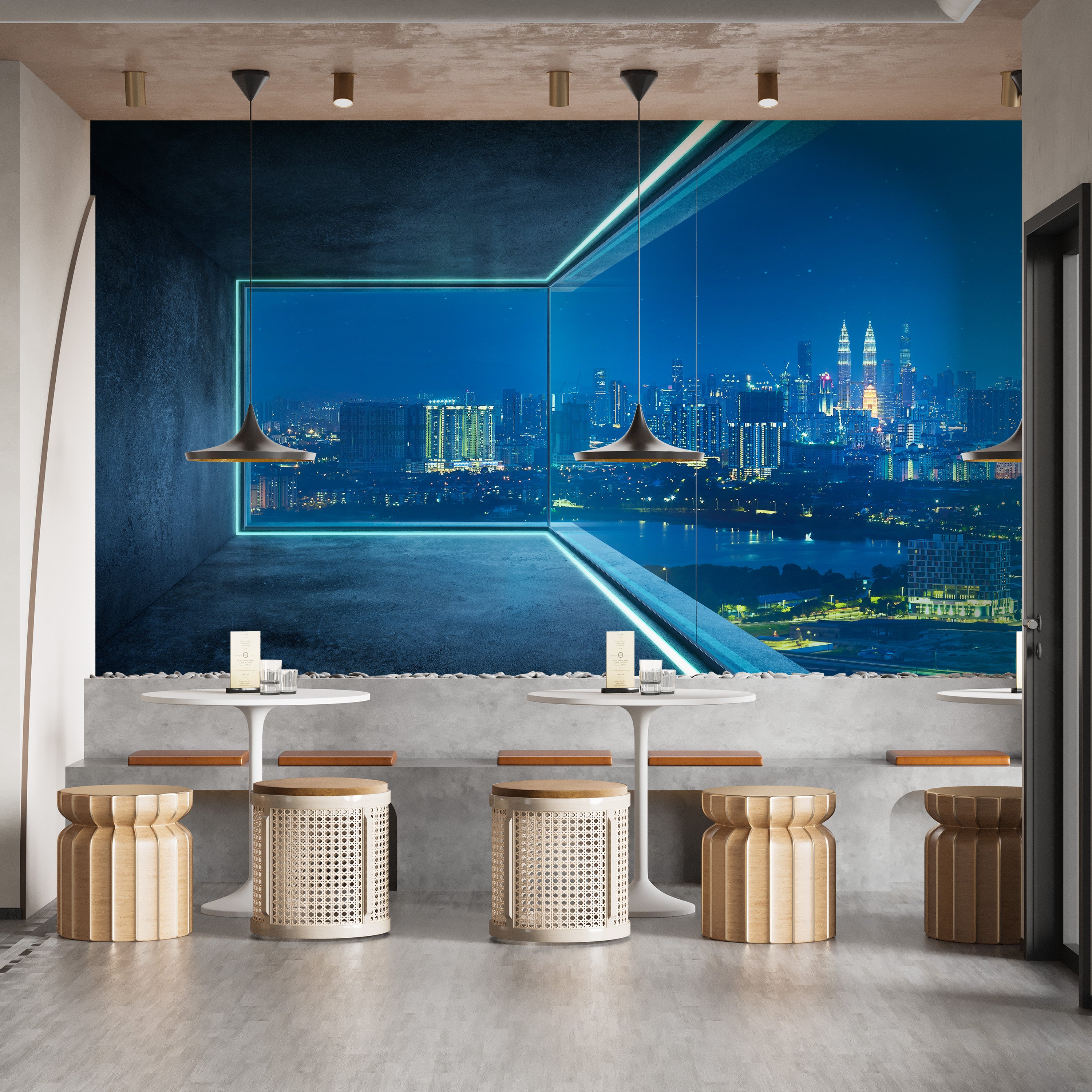 Luxury loft city skyline mural wallpaper backdrop