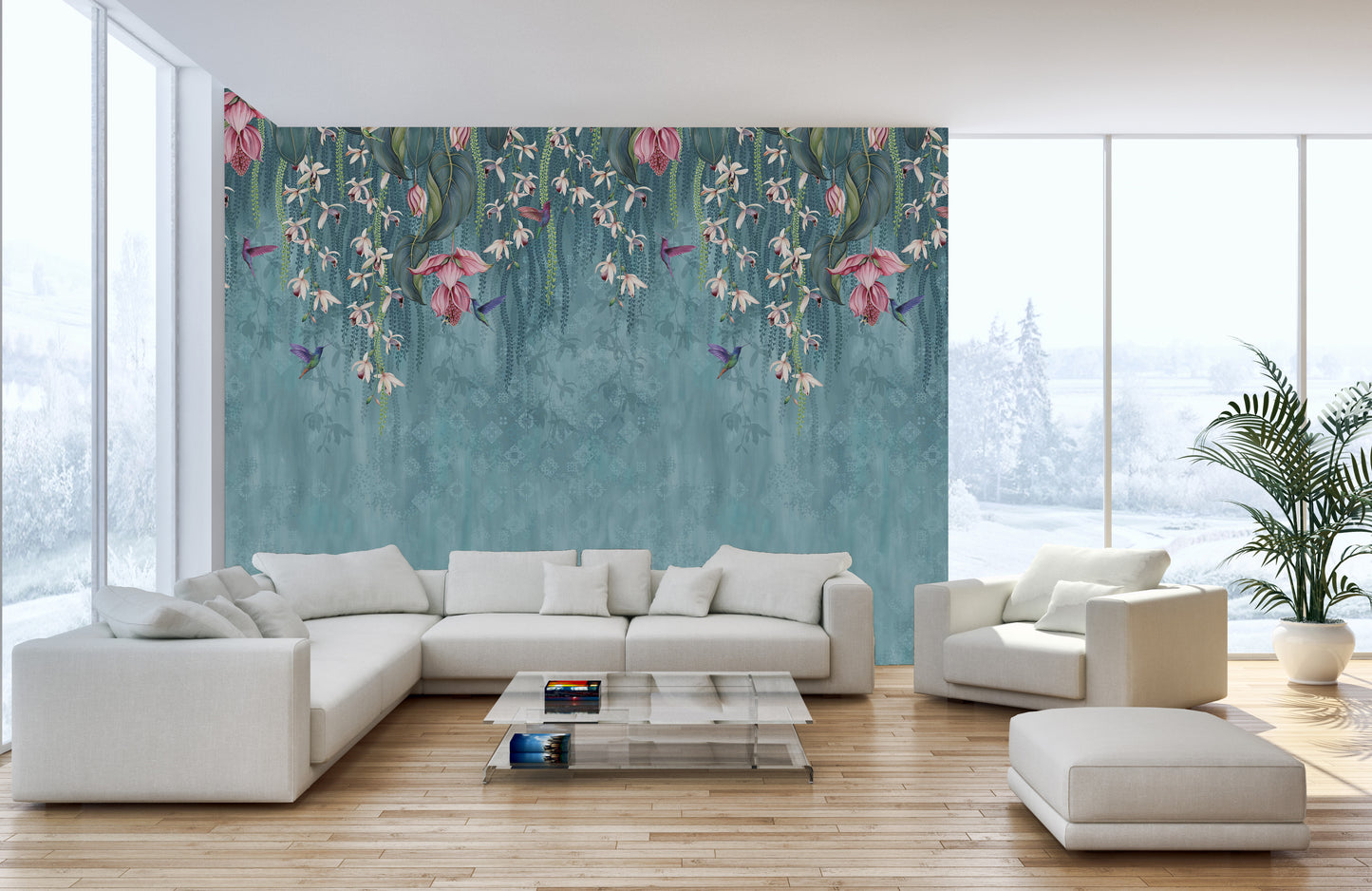 Hanging Pink Flower on Turquoise Wallpaper