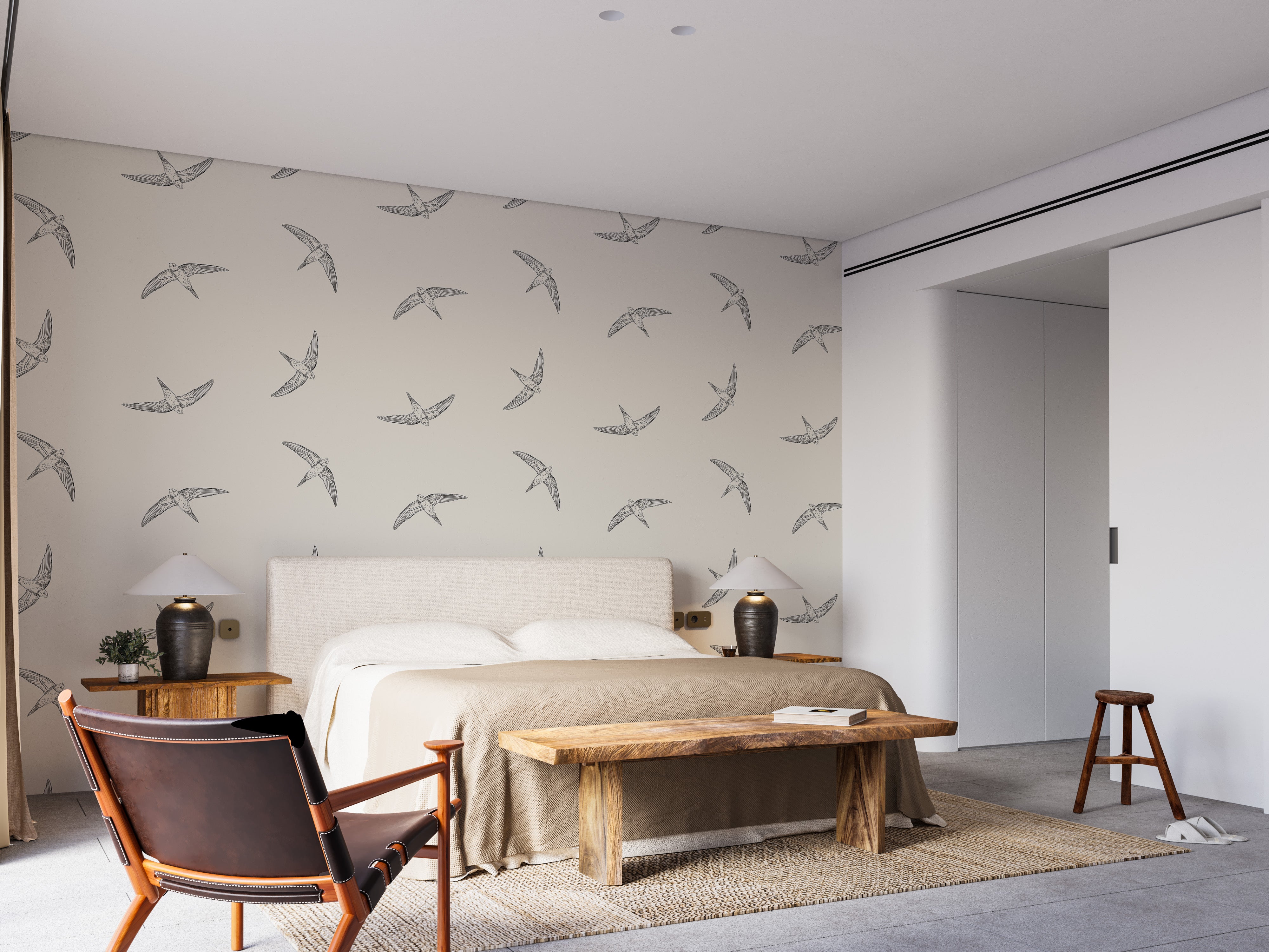 Soaring swallows in a beige setting mural