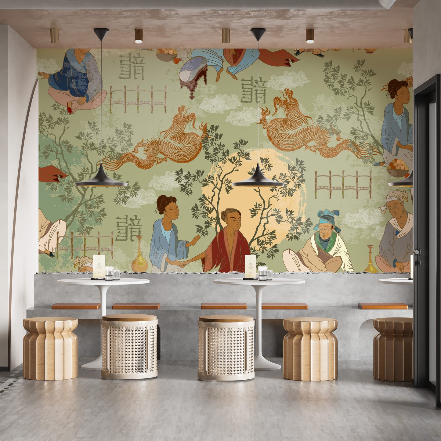 Ancient Chinese tea ceremony mural design
