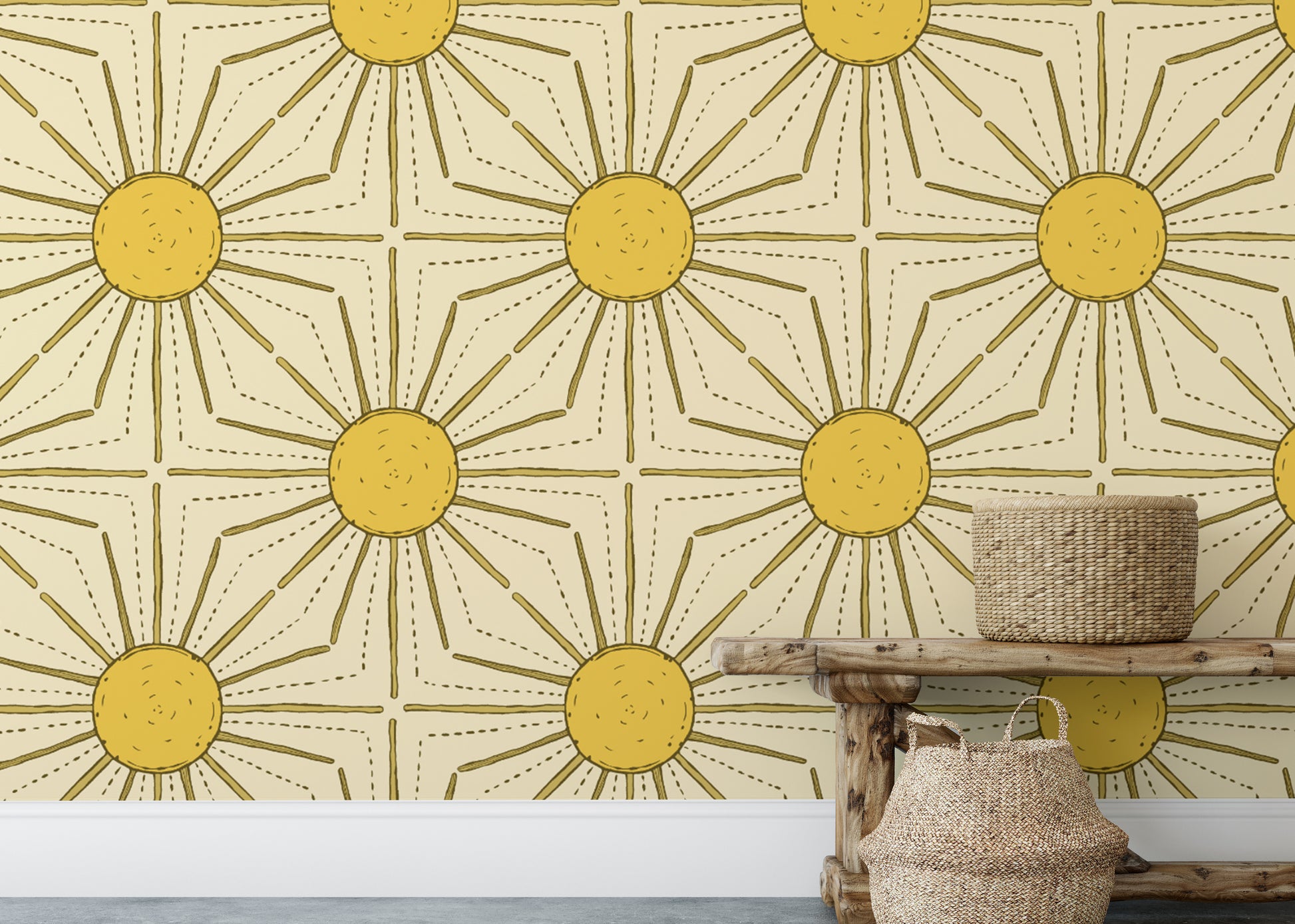 Bold yellow sunburst wallpaper perfect for modern decor.
