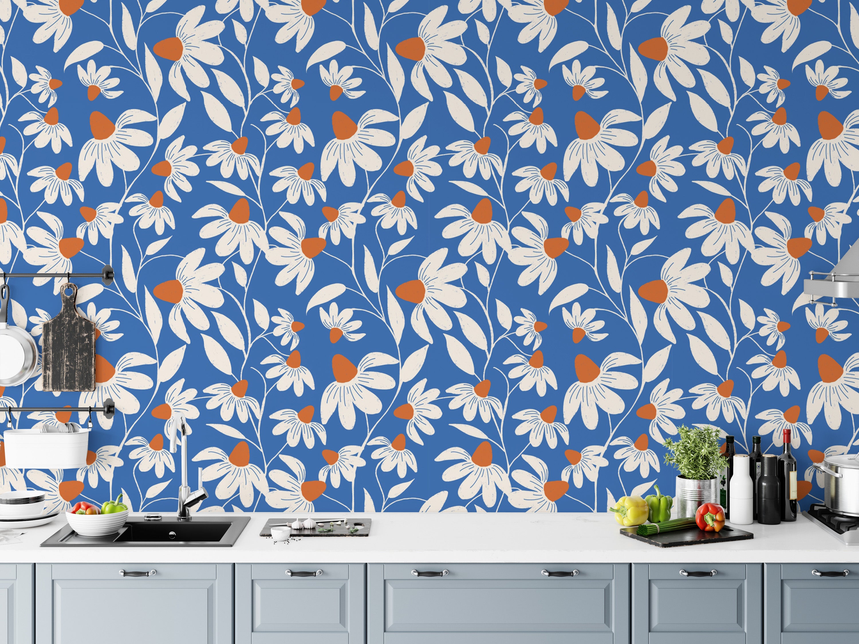 Chic White Coneflower Wallpaper for Living Rooms
