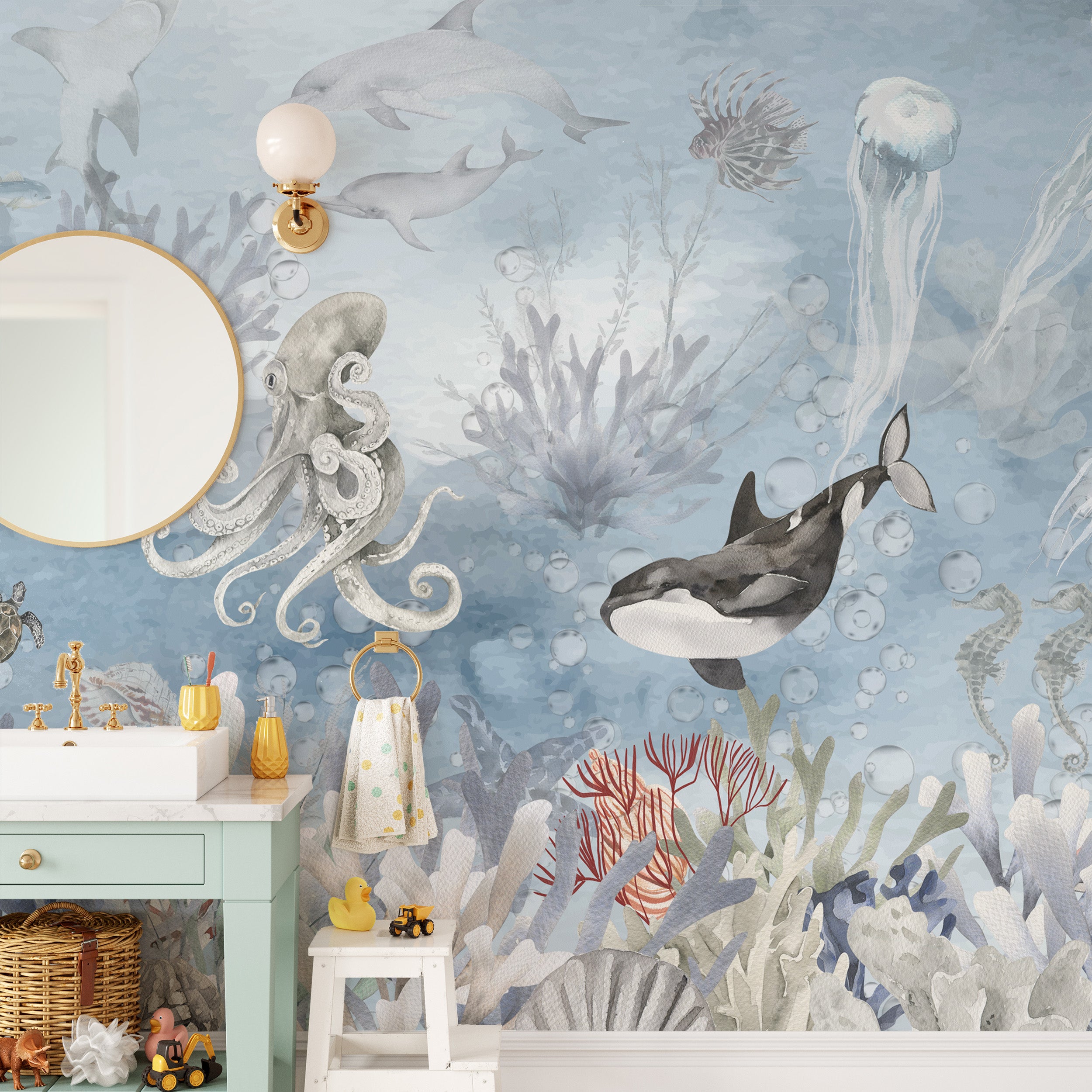 Underwater life wallpaper mural showcasing deep sea symphony.
