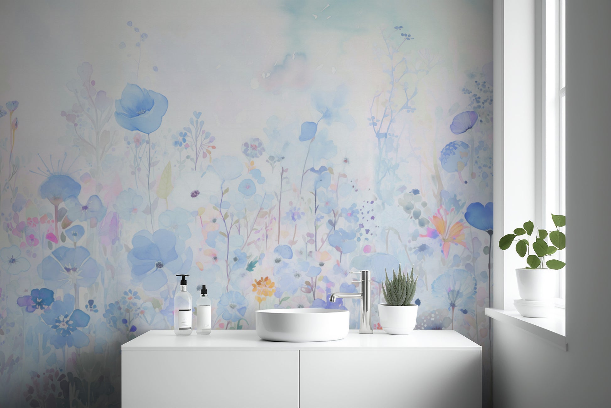 Watercolor happy flowers blue wallpaper for a cheerful, fresh room vibe.
