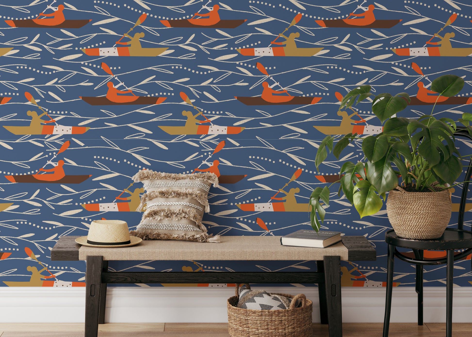 Vibrant lake wallpaper with canoe paddlers
