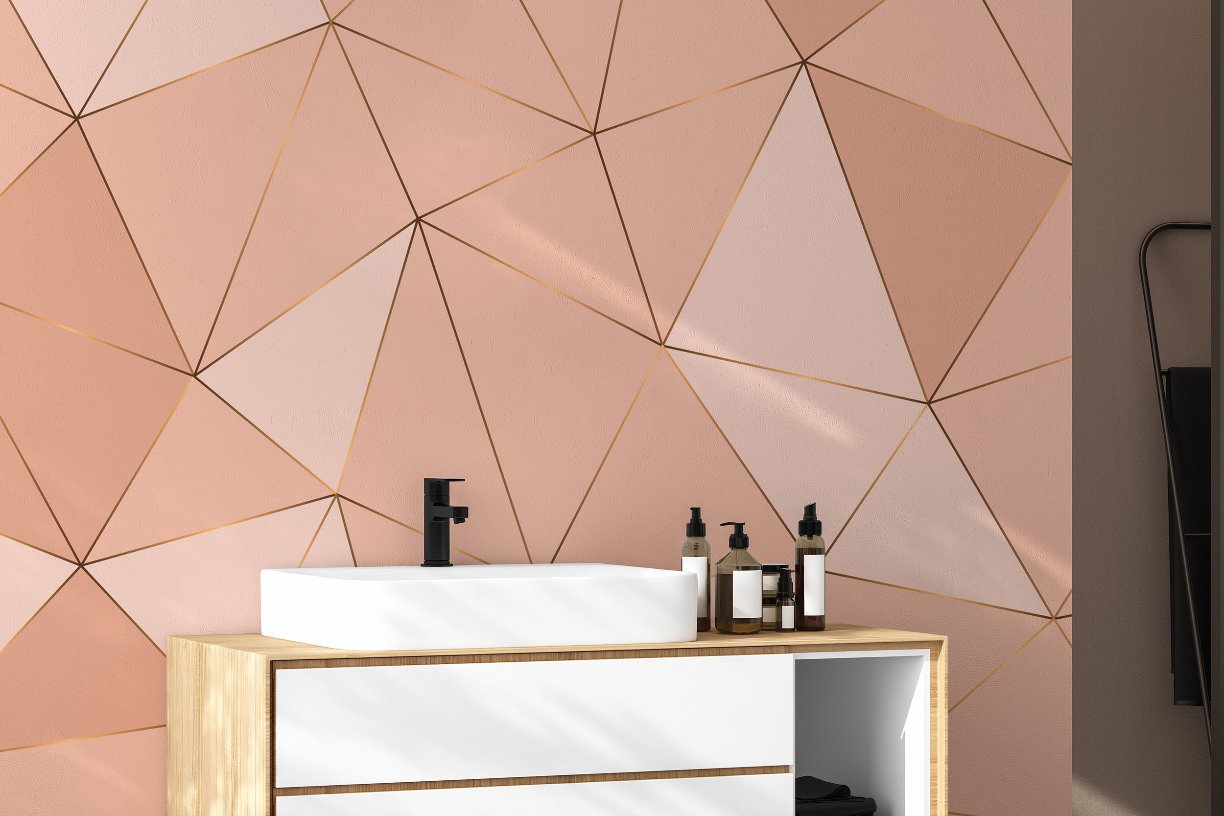 Harmonious peach geometric mural wallpaper for elegant spaces.
