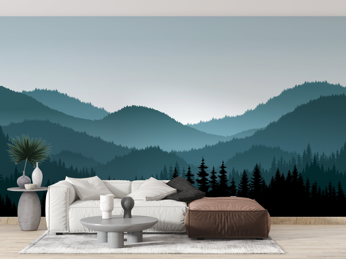 Moody foggy mountain wallpaper design
