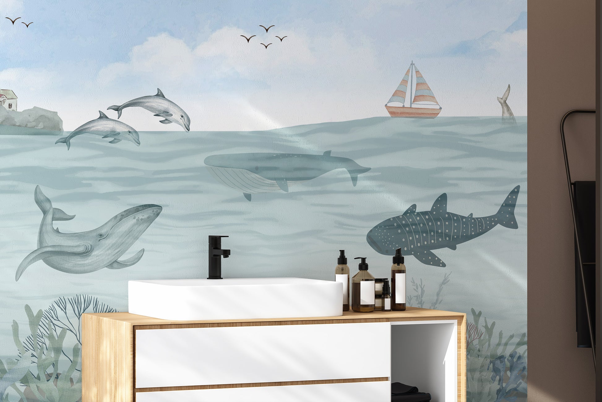 Seaside Orca Whale stick on wallpaper