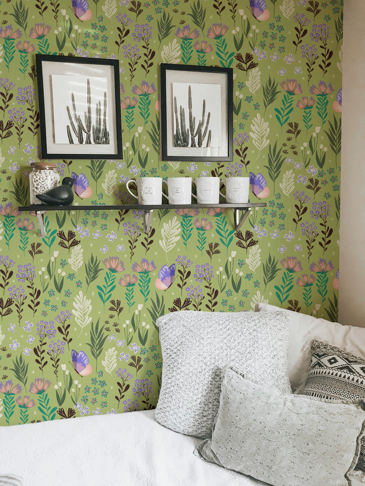 Contemporary green wallpaper with butterfly meadow patterns.
