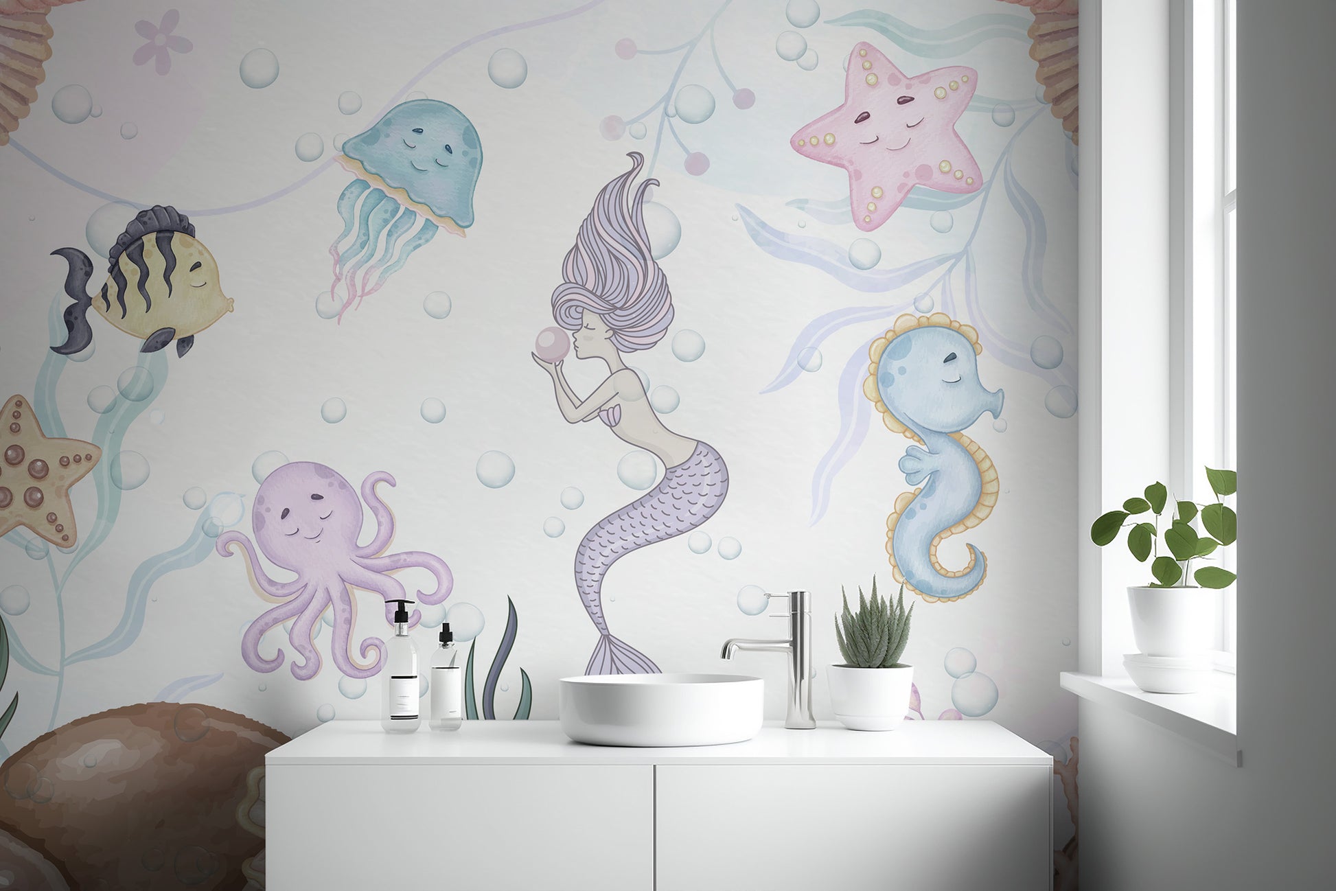 Whimsical aquatic playland wallpaper with ocean adventures