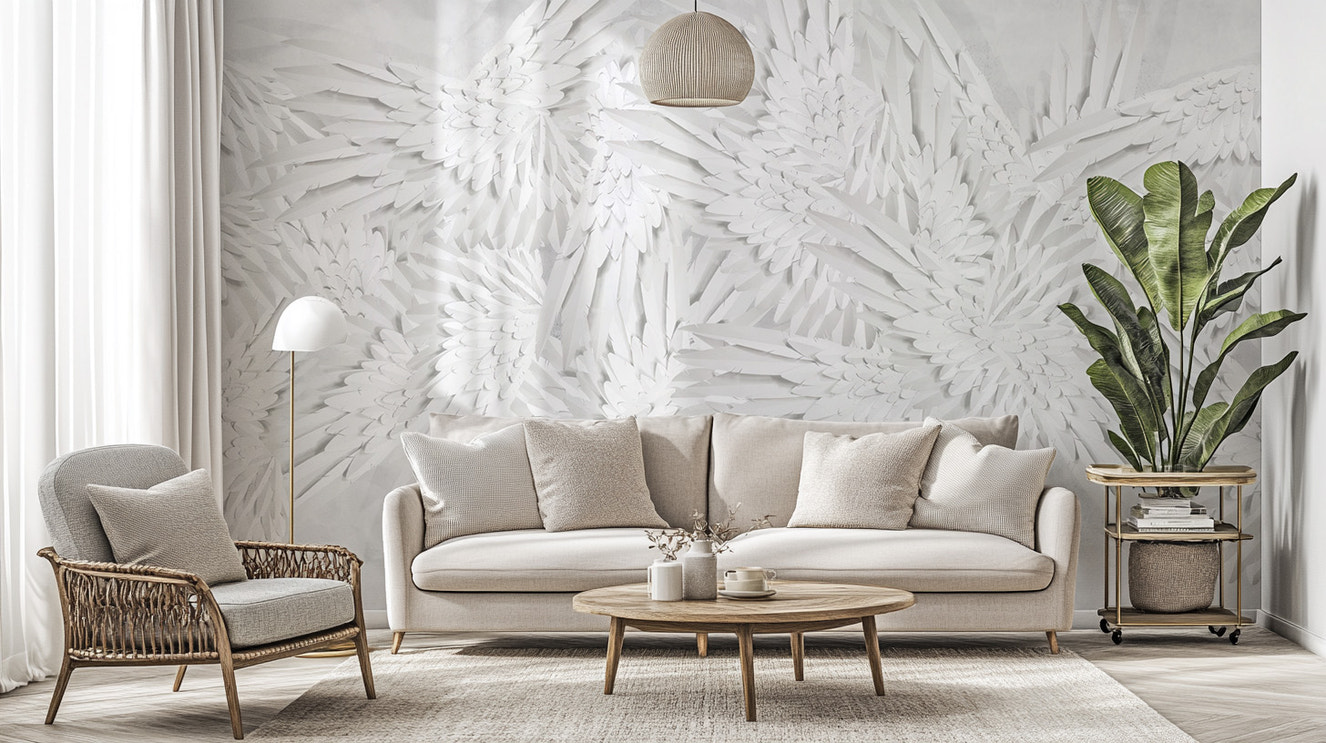 Ethereal Hermes feather mural for a serene, angelic vibe.
