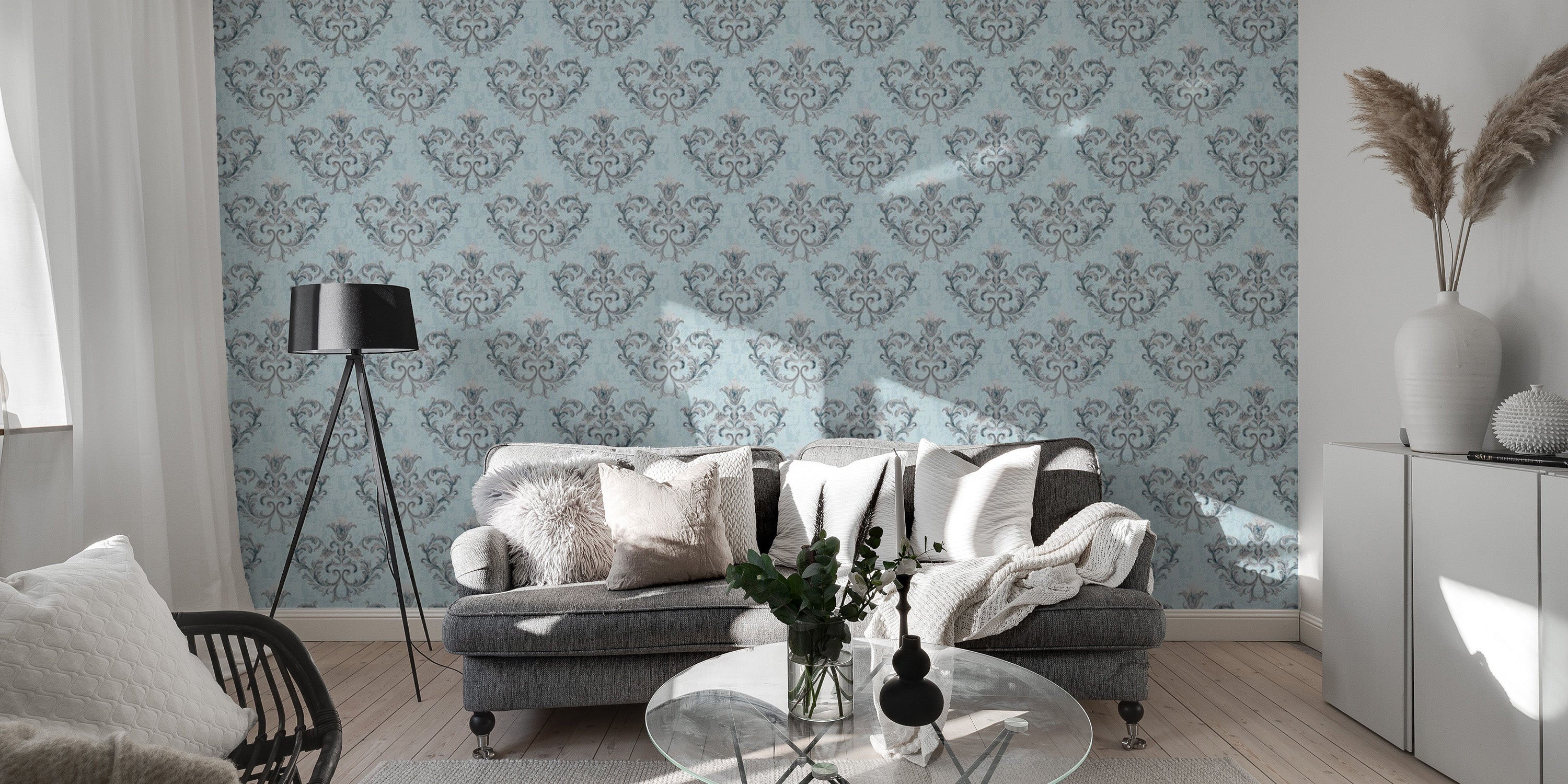 Stylish Grey Damask Pattern Wallpaper Mural