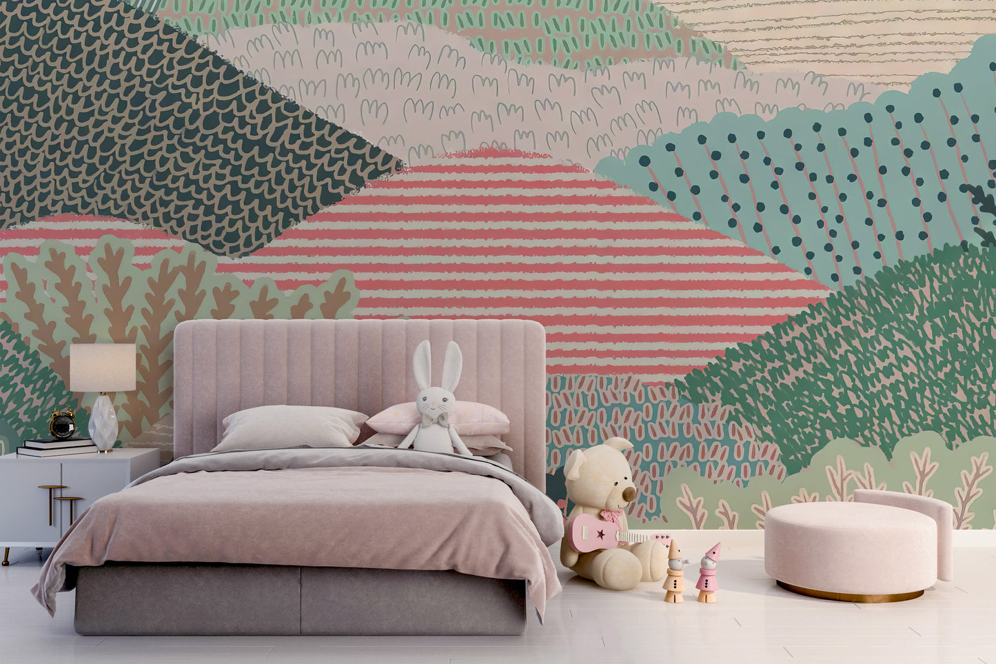 Textured landscape mural makes kids rooms cozy and imaginative.