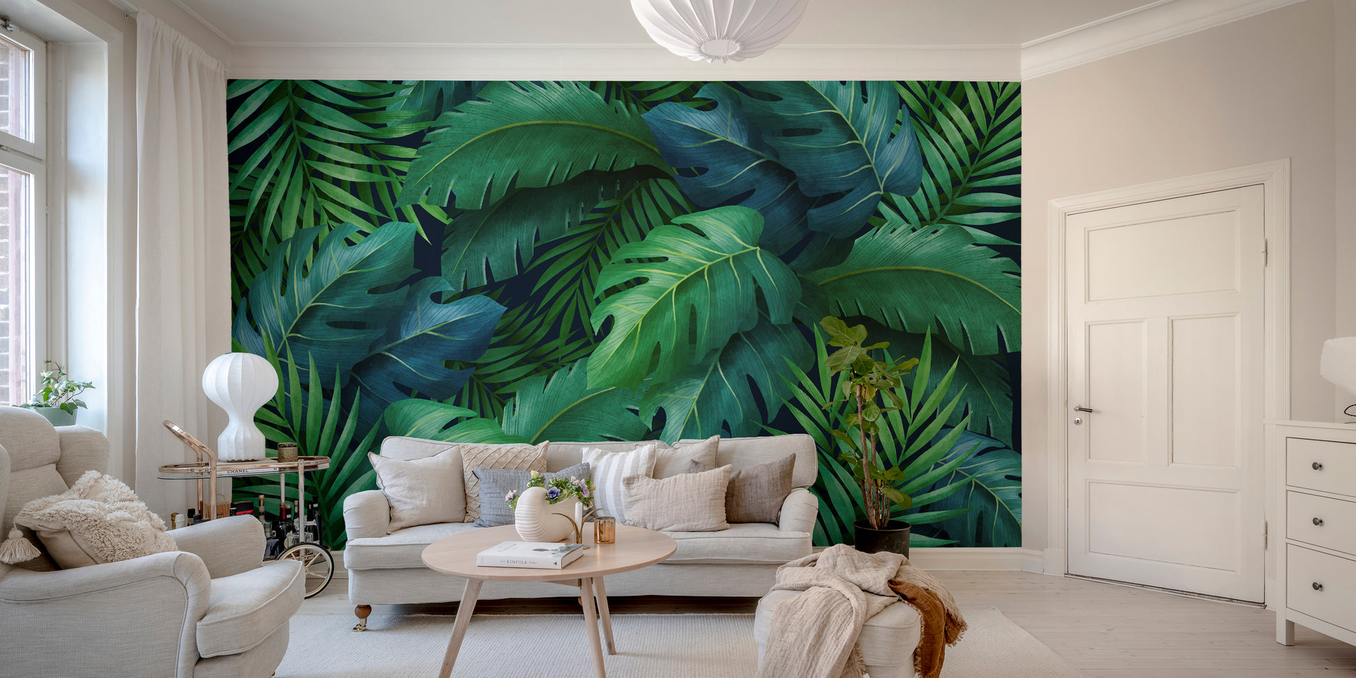 Oversized tropical leaves wallpaper mural for modern spaces.
