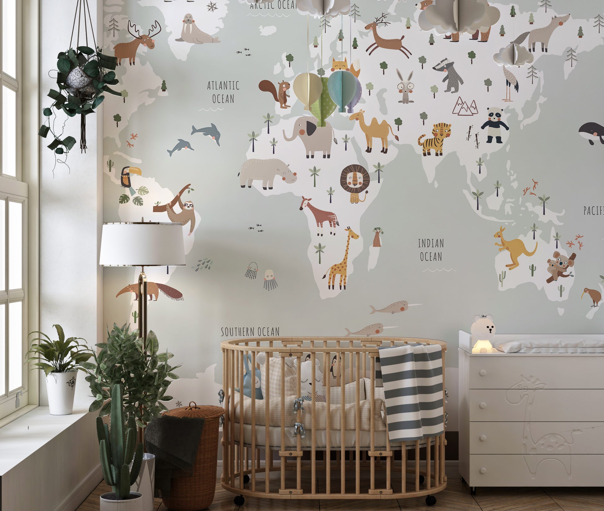 Soft pastel kids wallpaper with world map animals
