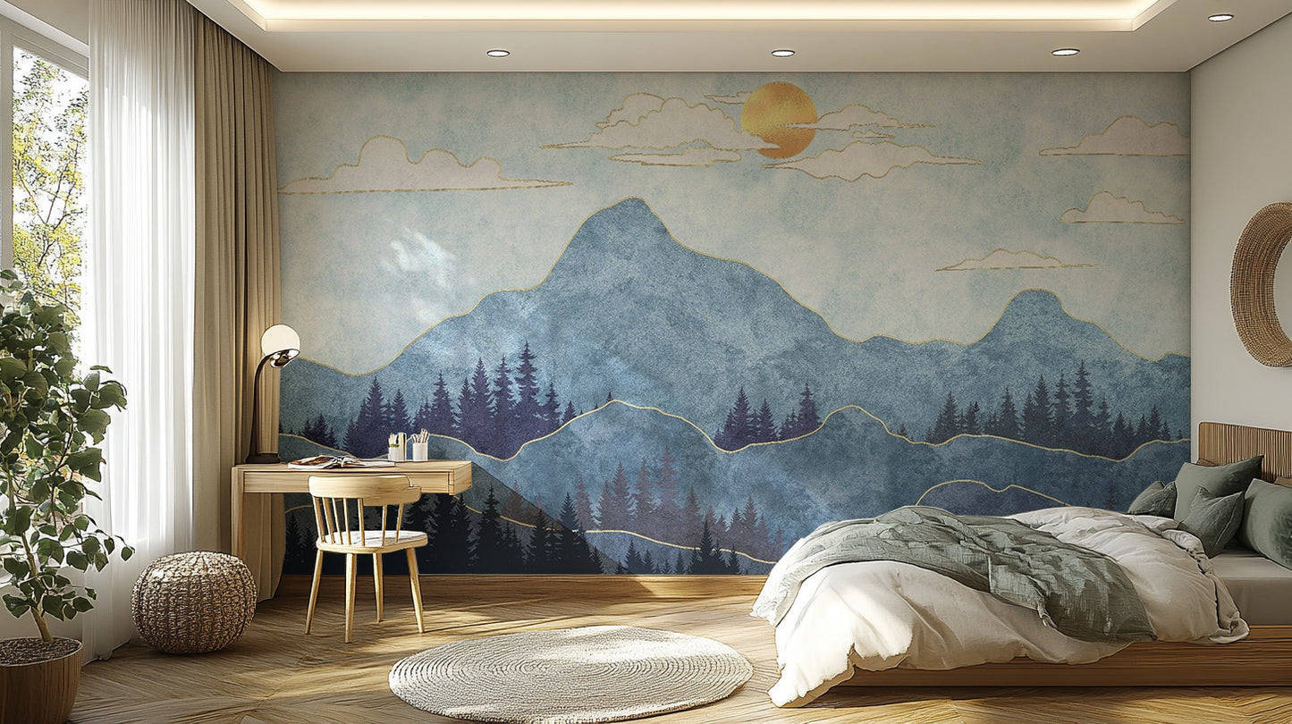 Watercolor Blue Mountain Wallpaper Murals