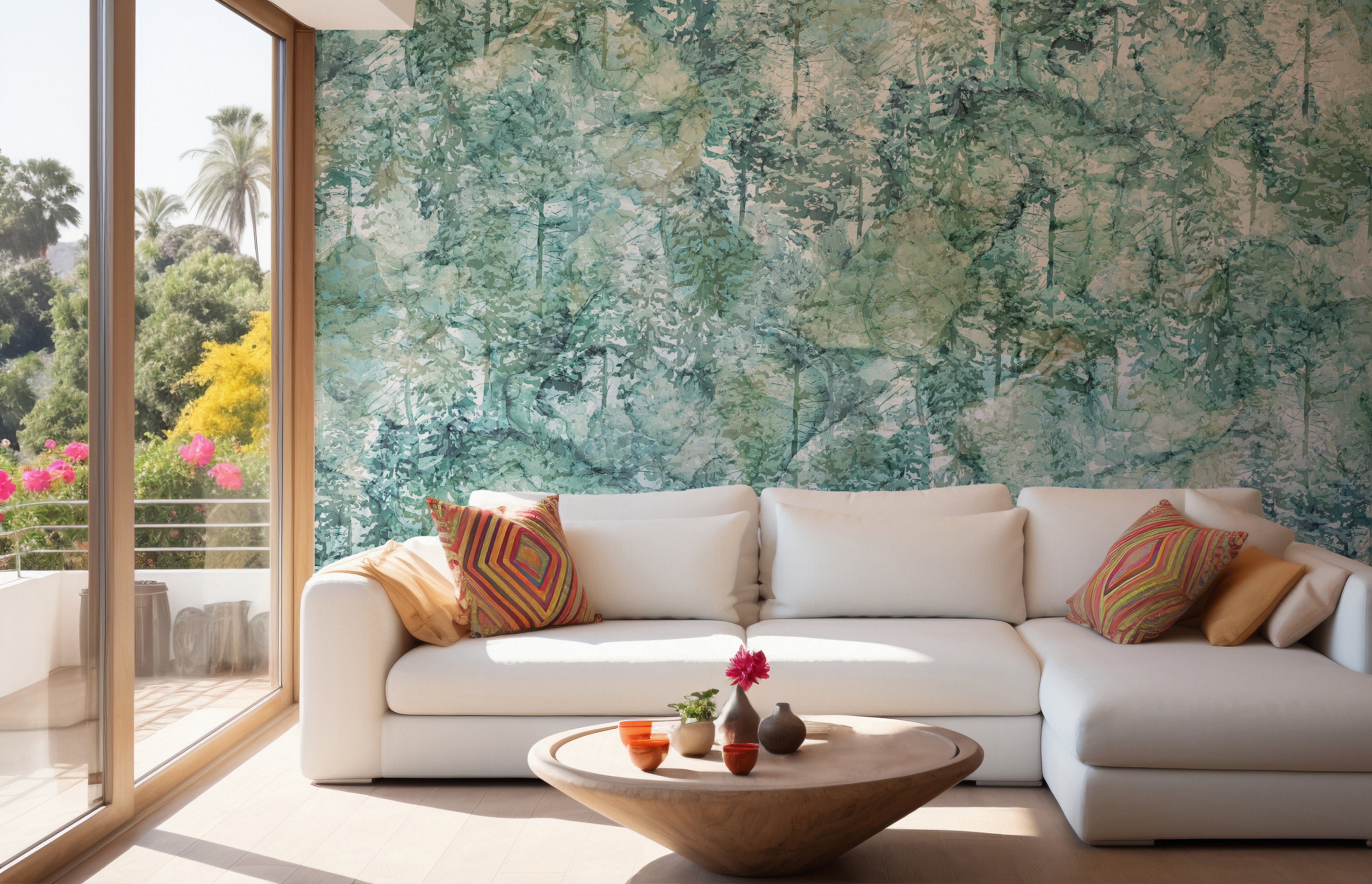 Calming green tropical forest wallpaper mural for interiors