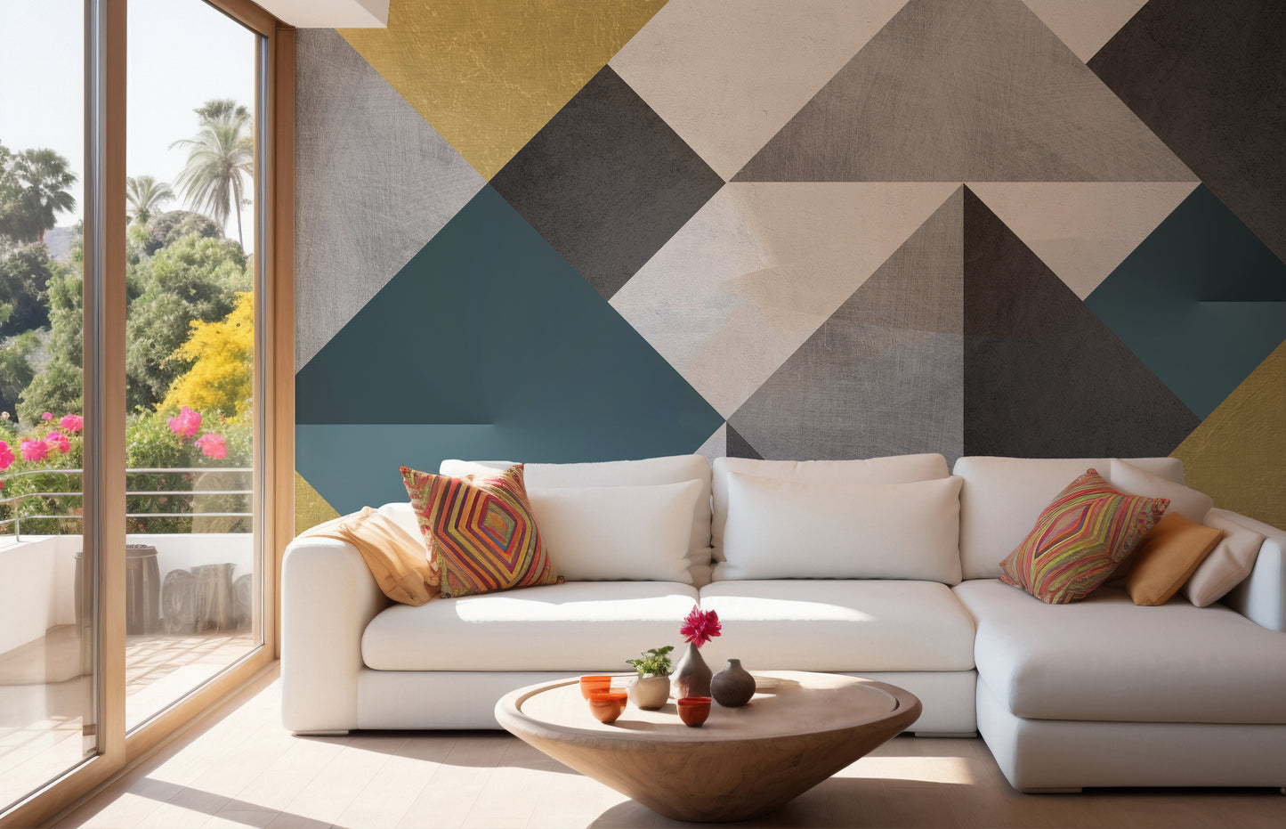 Abstract geometric wallpaper mural with vibrant triangles