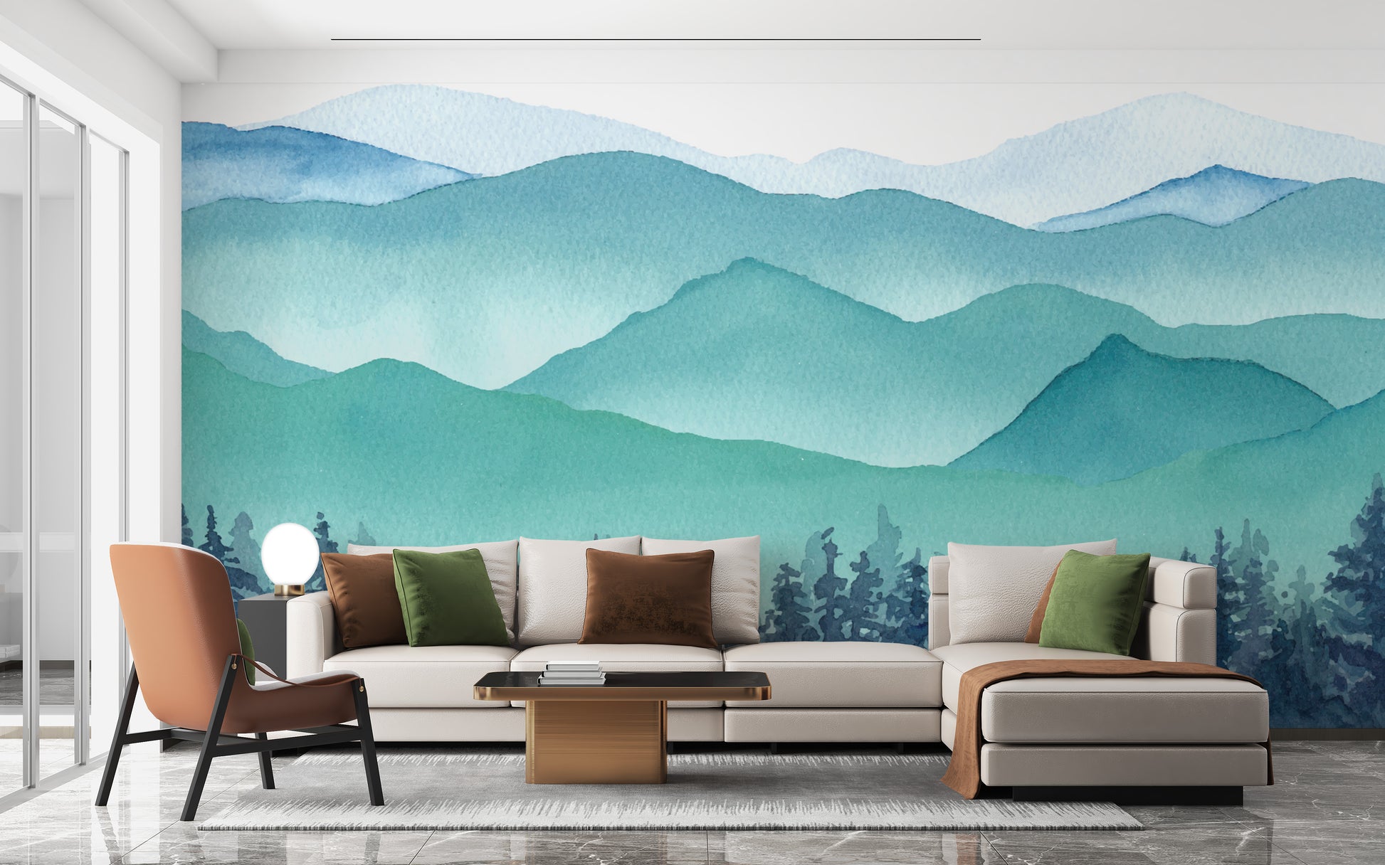 Peaceful forest and hills mural wallpaper.