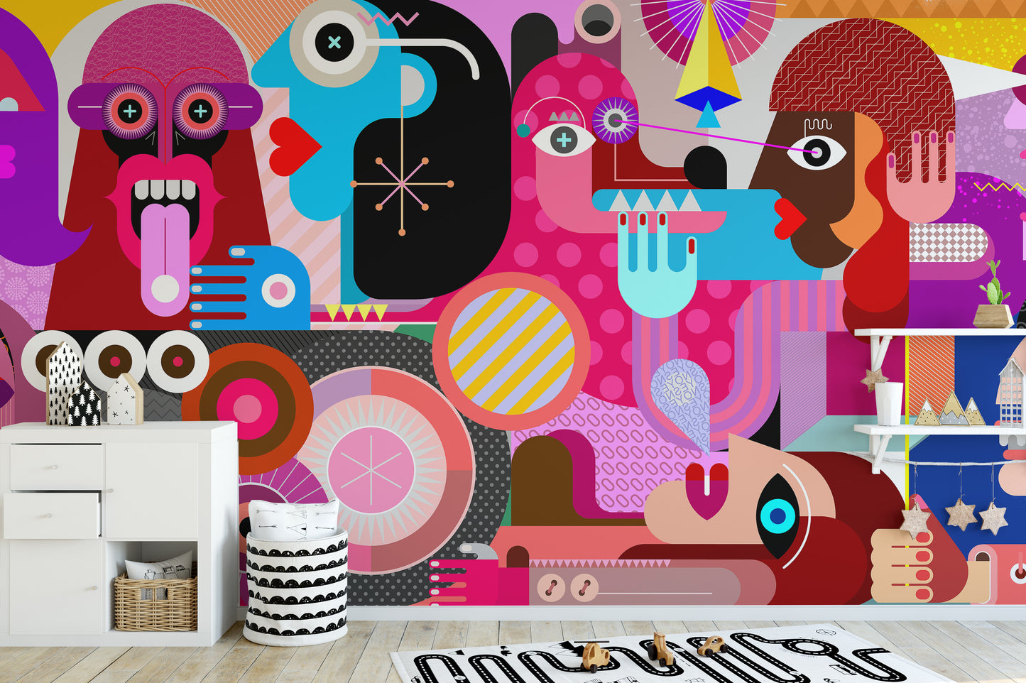 Abstract faces mural with bold graphics
