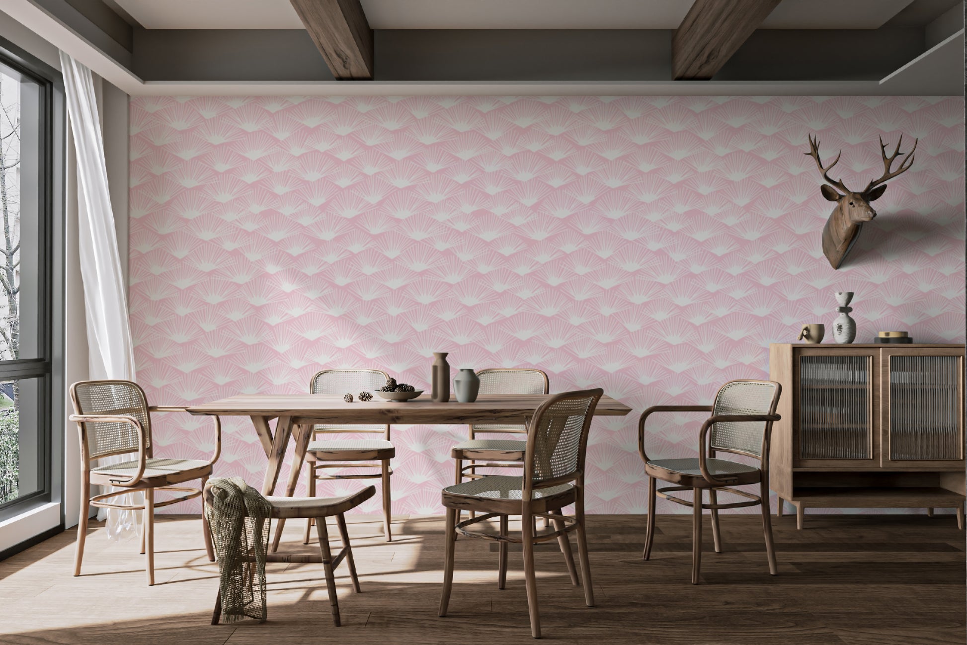 Tropical Blush Fanfare wallpaper blending pink and tropical vibes.
