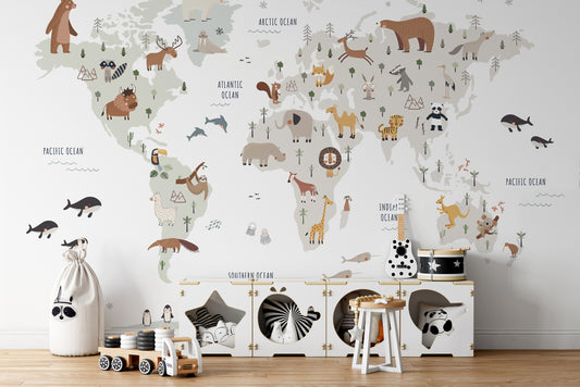 World animals wall mural for kids' education



