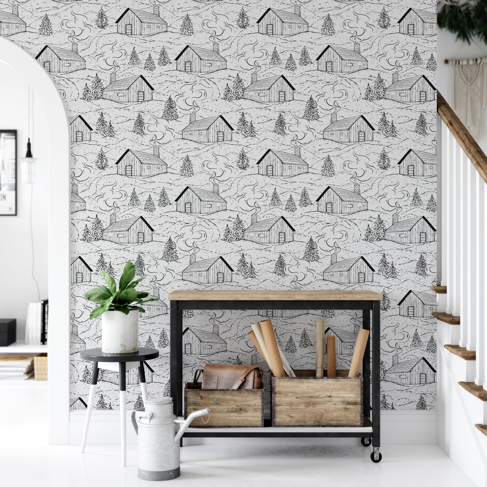 Artistic black and white smokey cabin wallpaper for unique wall accents.
