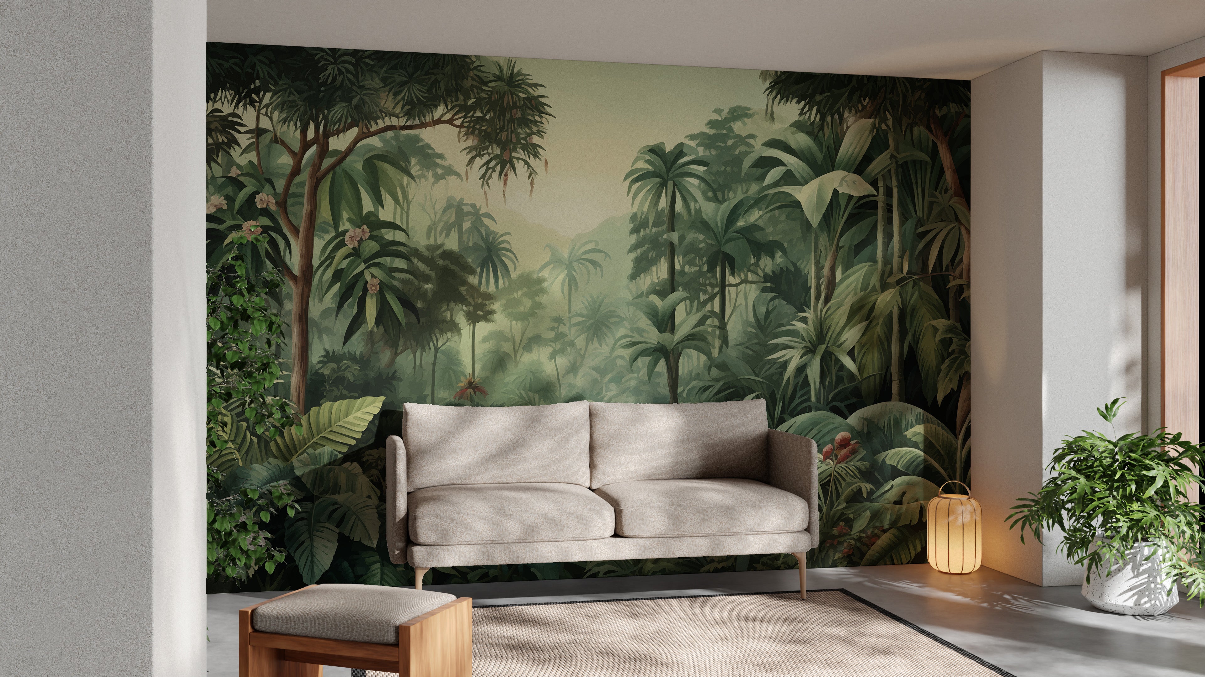 Misty forest wallpaper mural with colorful tropical trees