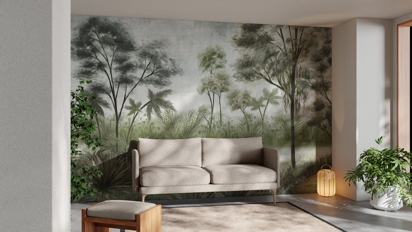 Serene deep forest wallpaper mural
