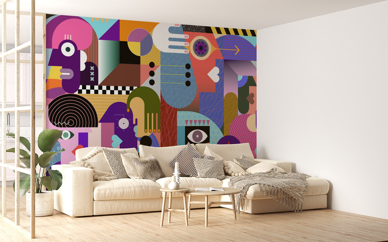 Modern abstract people collage mural art
