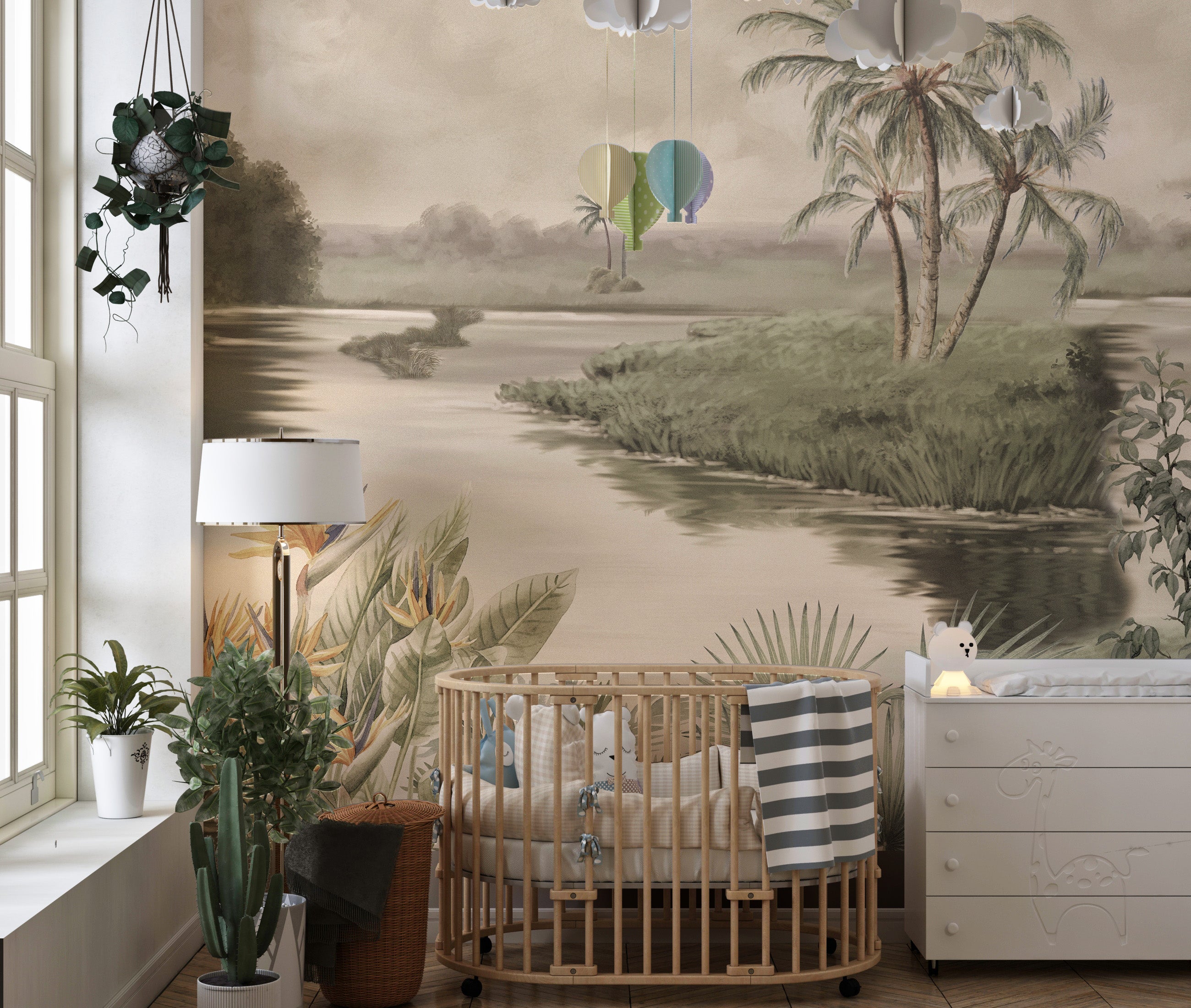 Mountainous art wall mural featuring a serene lake scene