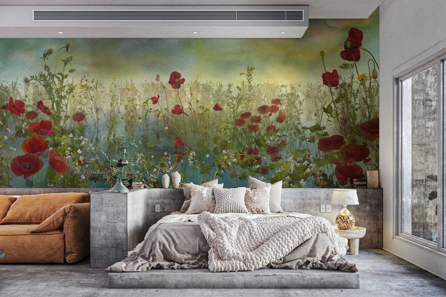 Poppy Flower Watercolor Green Wallpaper Murals