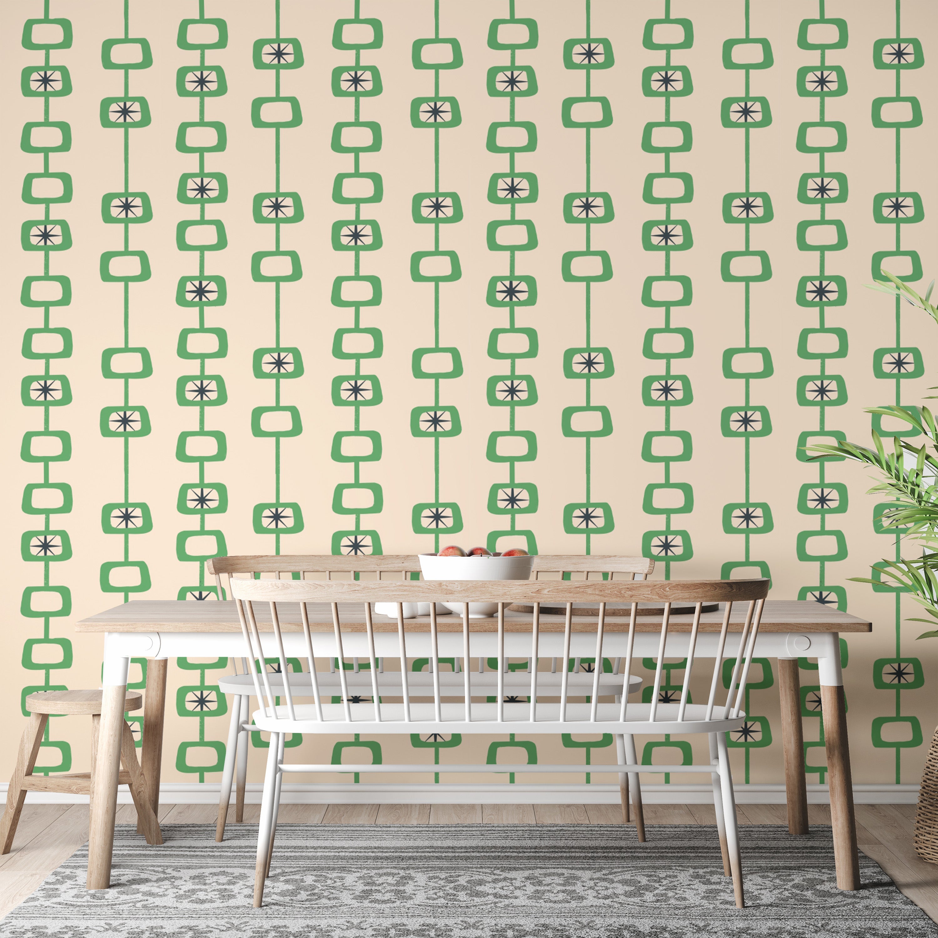 Bold Green Linen Mid Century Atomic Orbs Wallpaper
