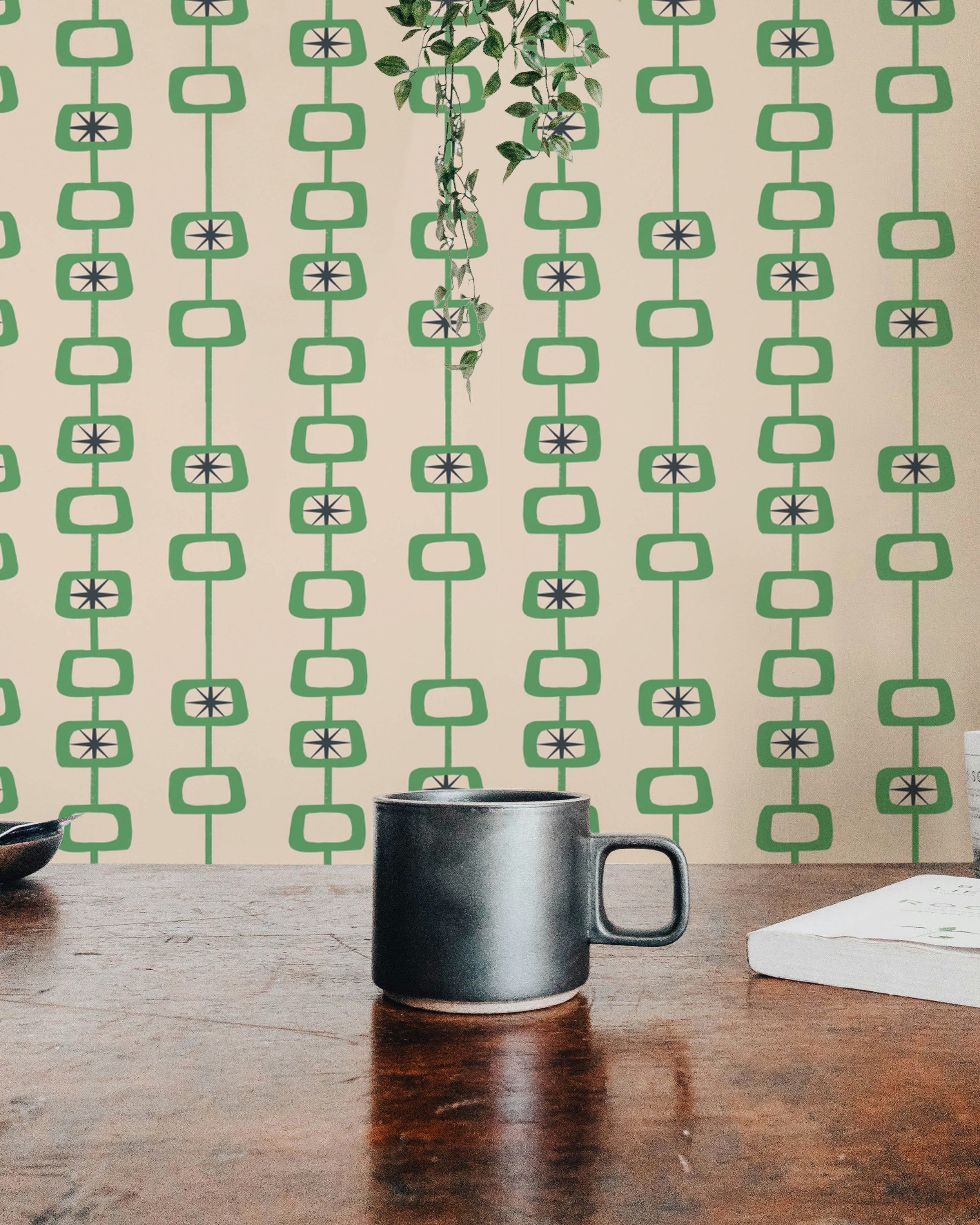 Geometric Green Linen Mid Century Atomic Orbs Wallpaper
