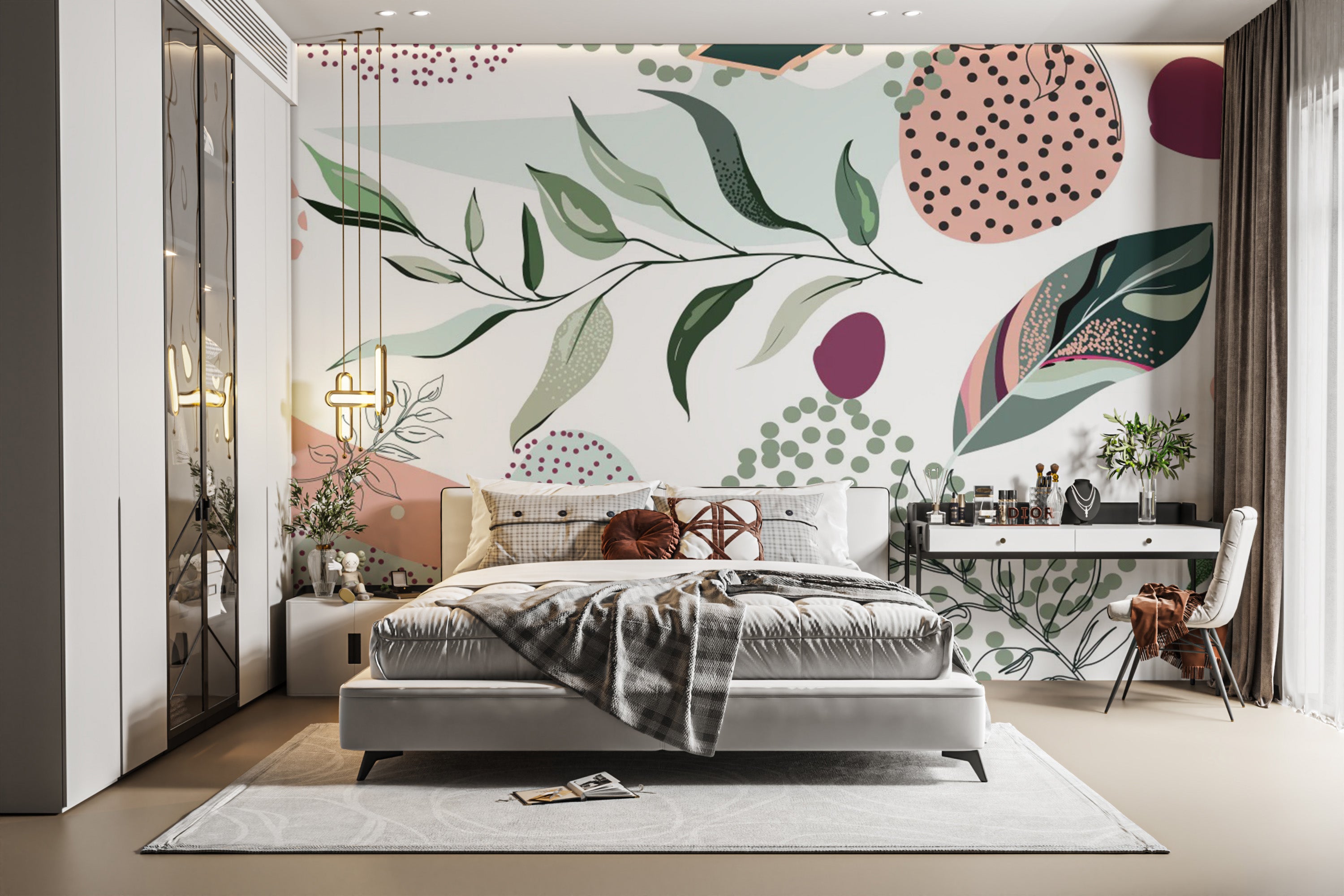 Artistic botanical pattern wallpaper featuring abstract leaves.