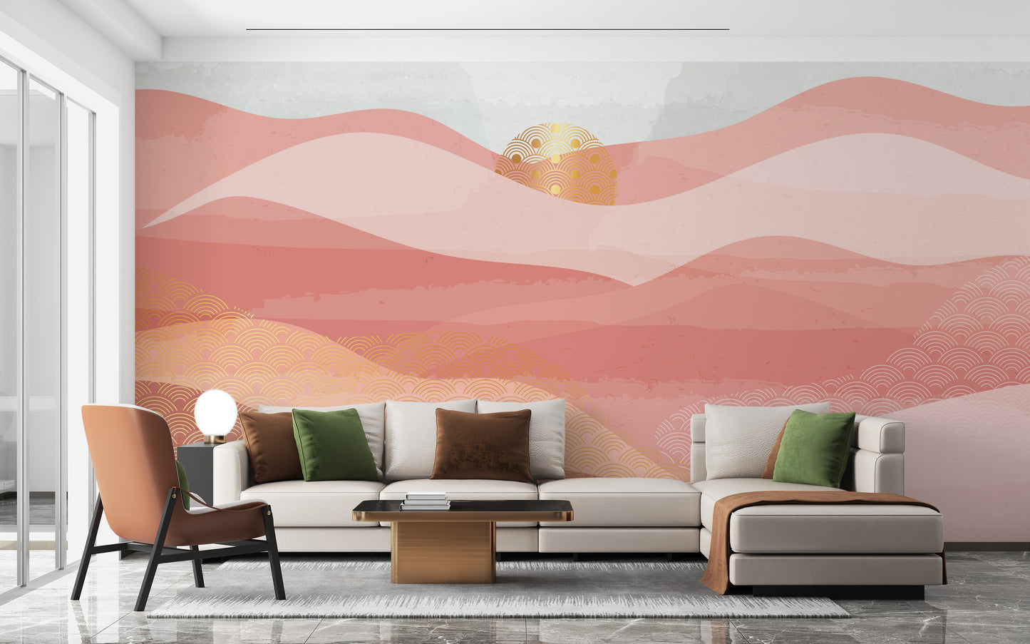 Pink wavy mural with golden accents
